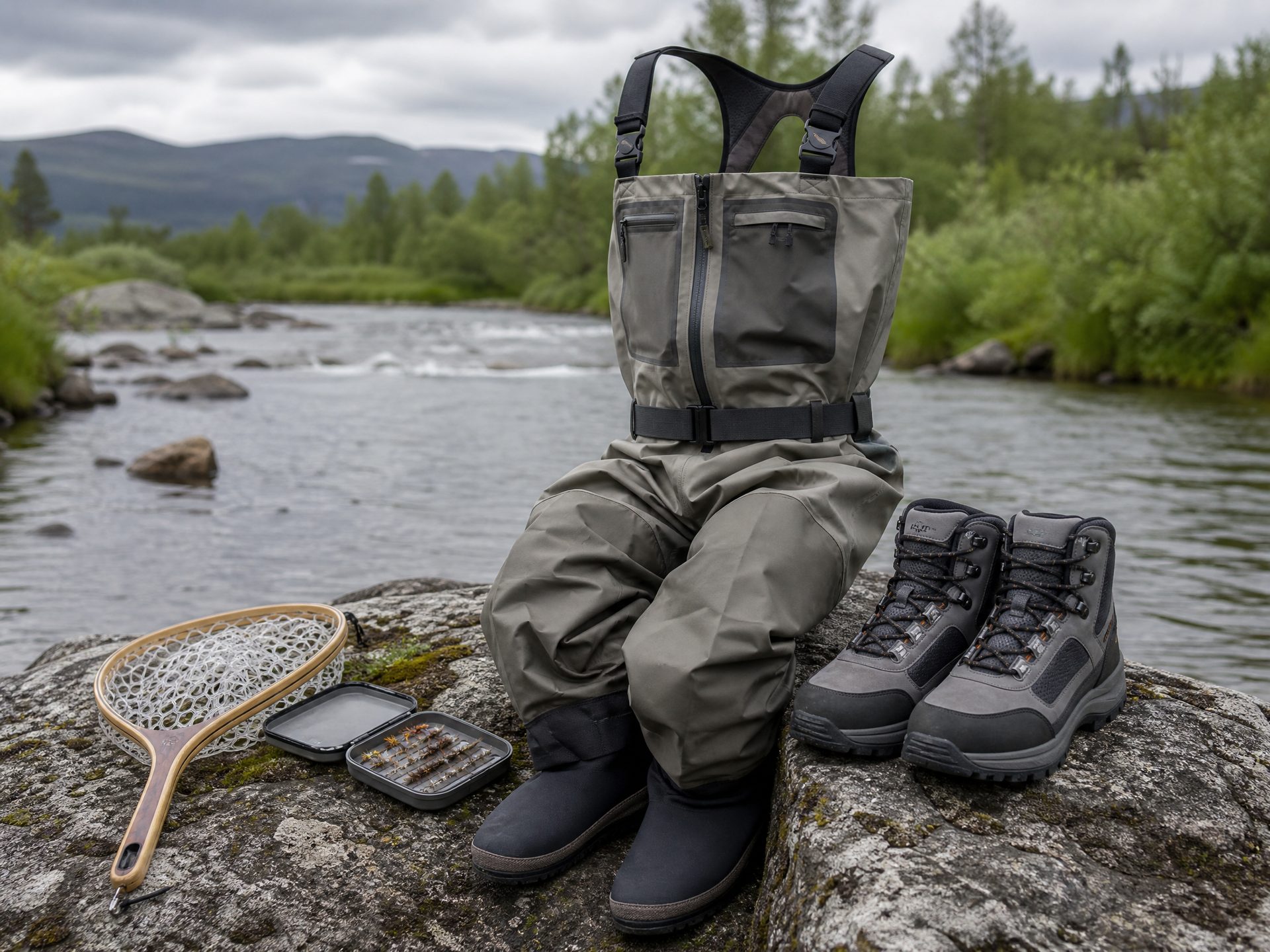 Fishing waders and wading boots arranged on a riverbank beside a landing net