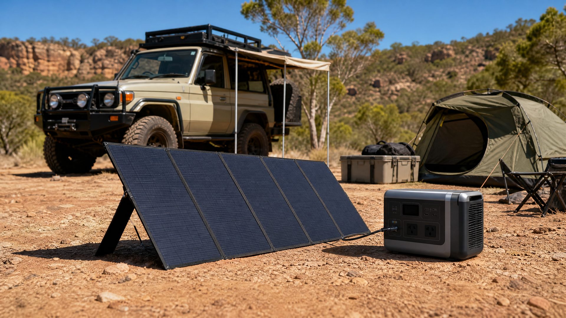 Folding solar panels powering an off-grid camping setup