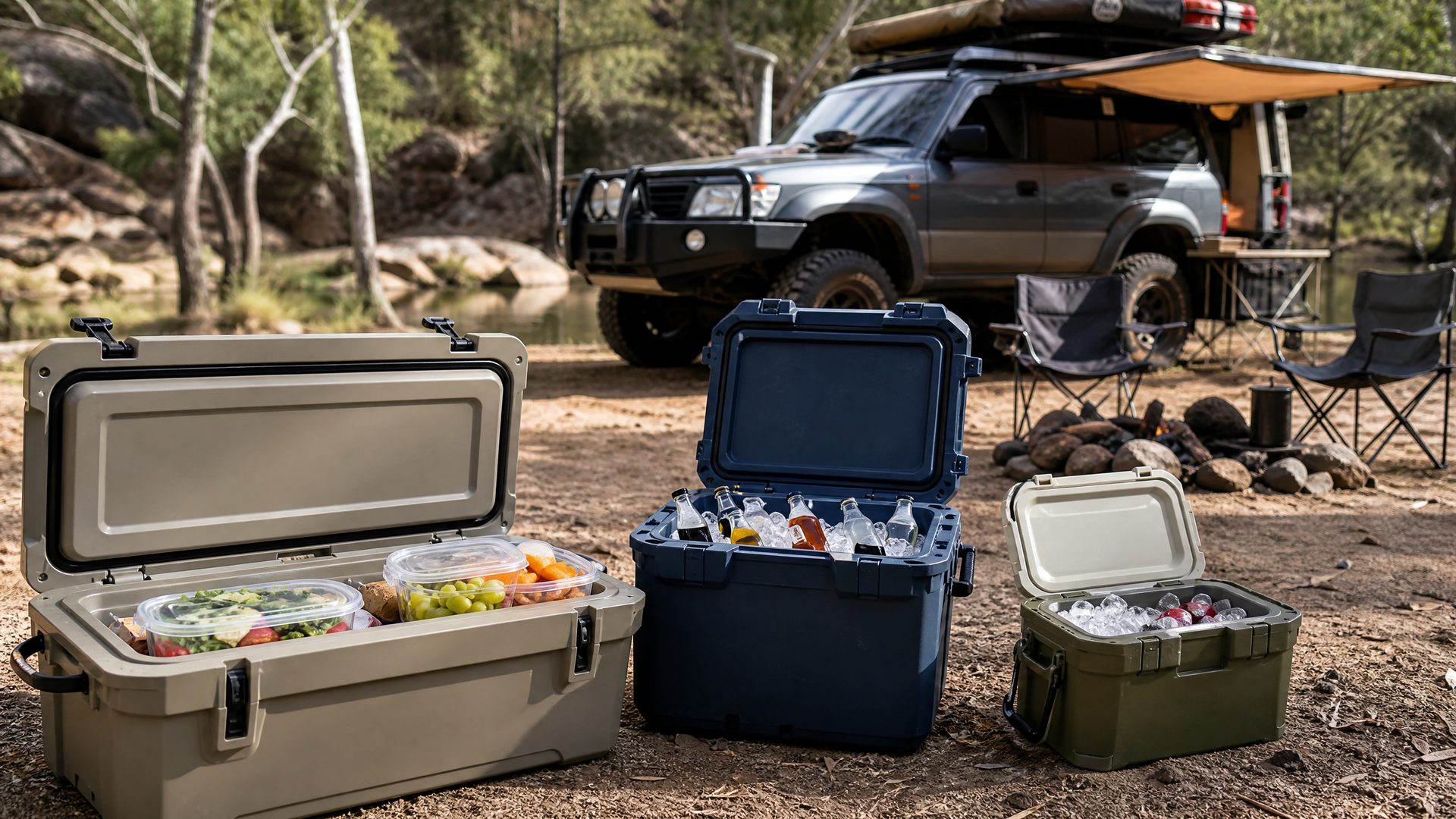 Heavy-duty coolers and eskies with ice and food at a campsite