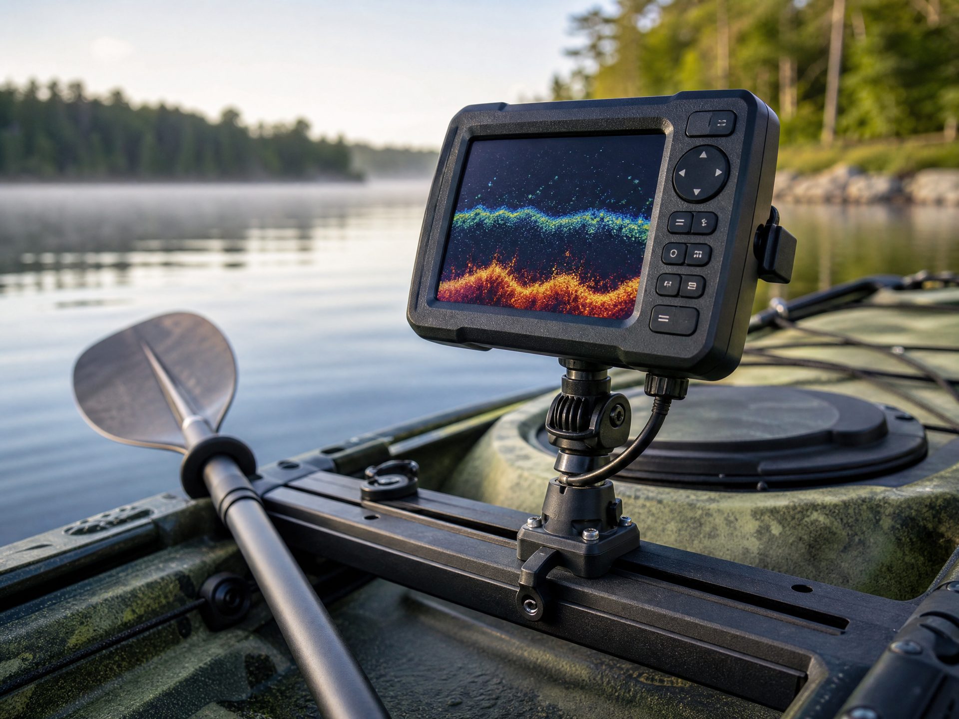 Kayak fish finder mounted on a fishing kayak rail on calm water