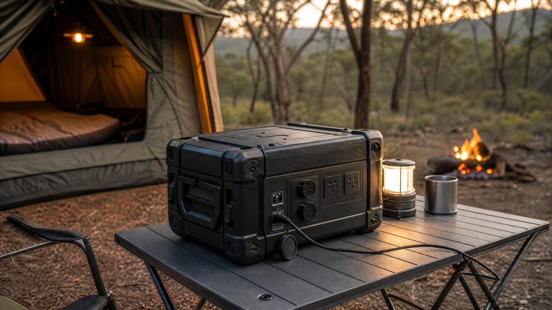 Unbranded lithium camping battery box powering campsite accessories off grid