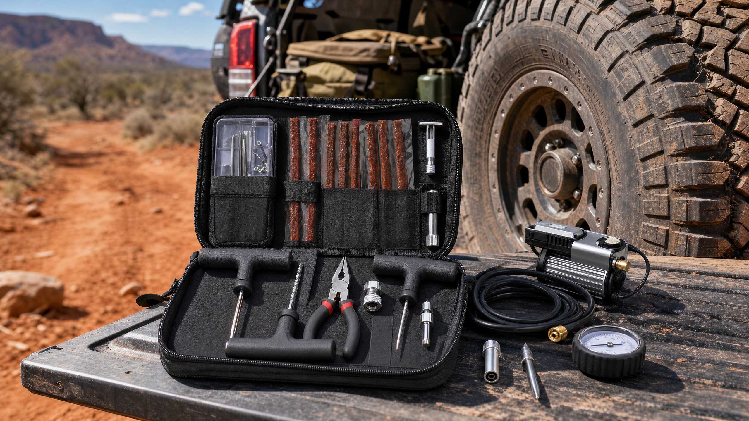Open off-road tyre repair kit with plug tools beside a dusty 4x4 tyre on a red dirt track