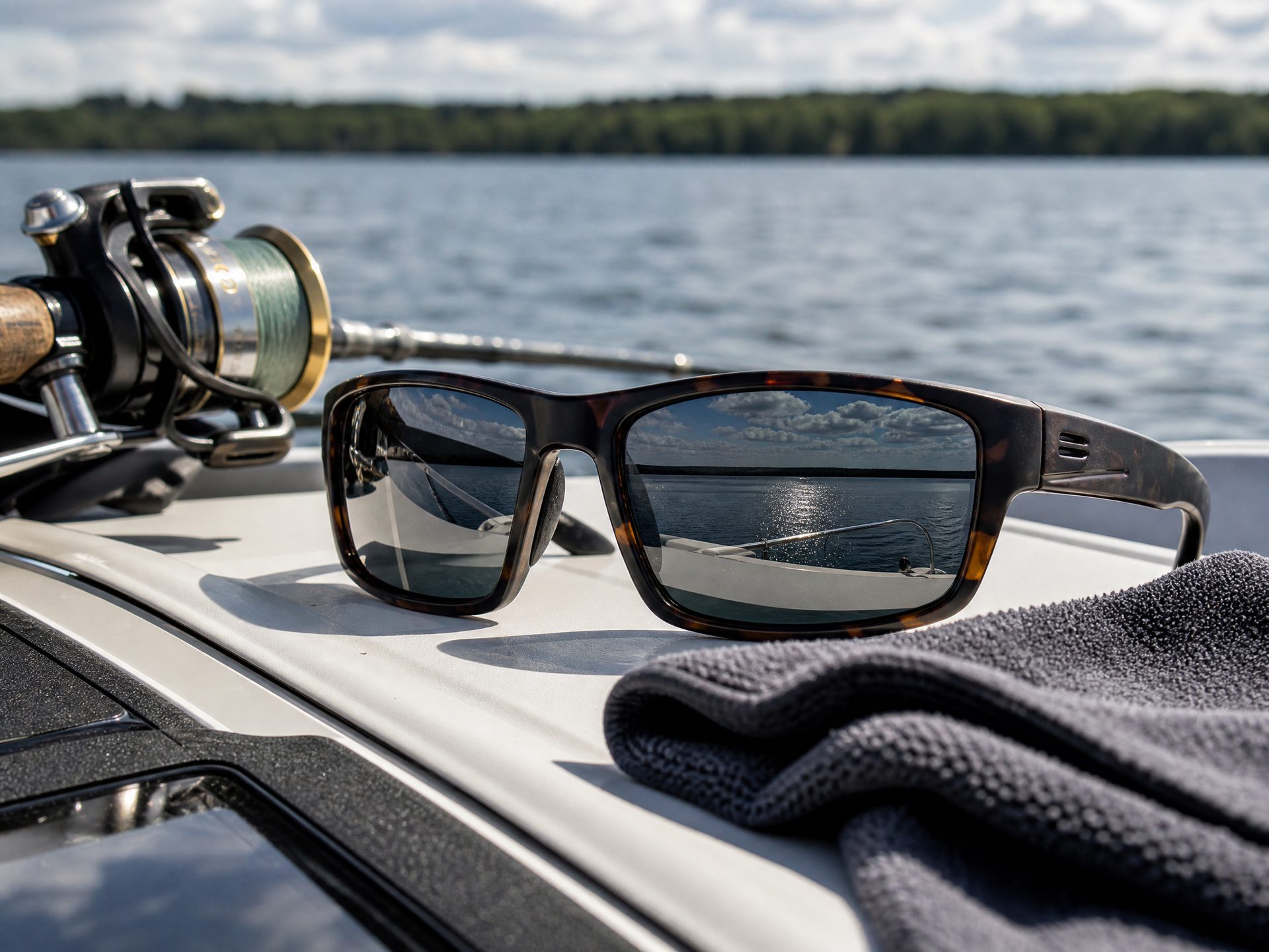 Polarised fishing sunglasses on a boat console with water reflected in the lenses