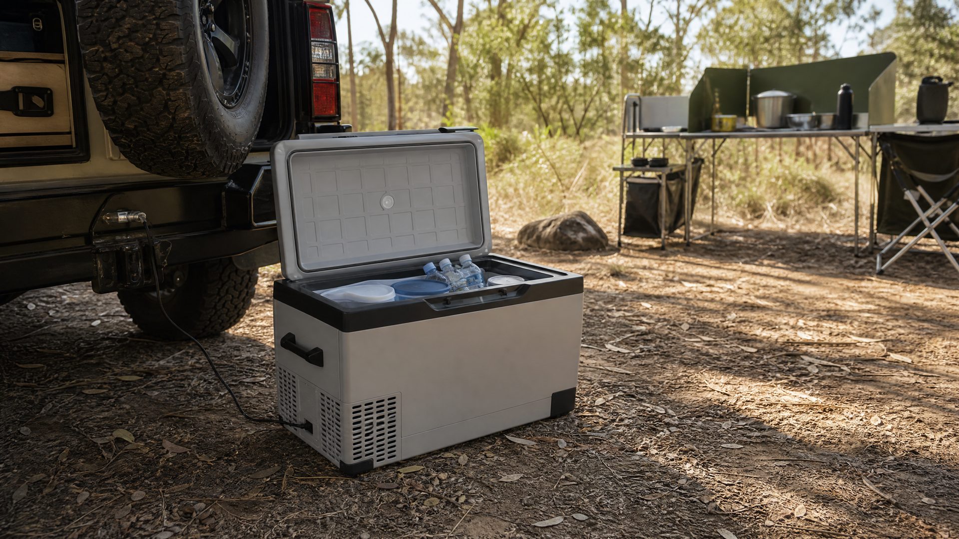 Portable 12V fridge freezer open beside a camping vehicle at a bush campsite