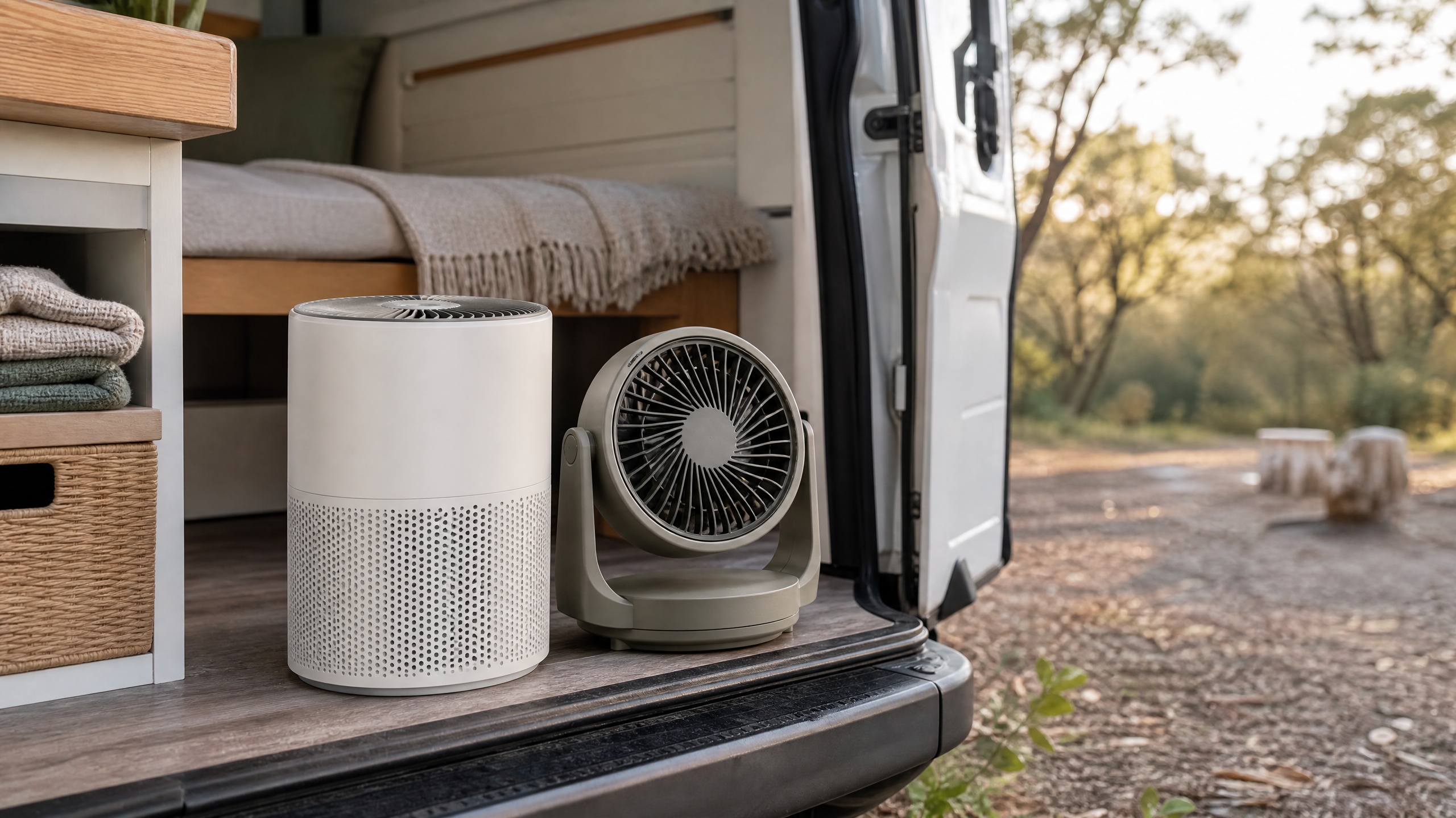 Portable air purifier and compact fan inside a campervan for van life and touring