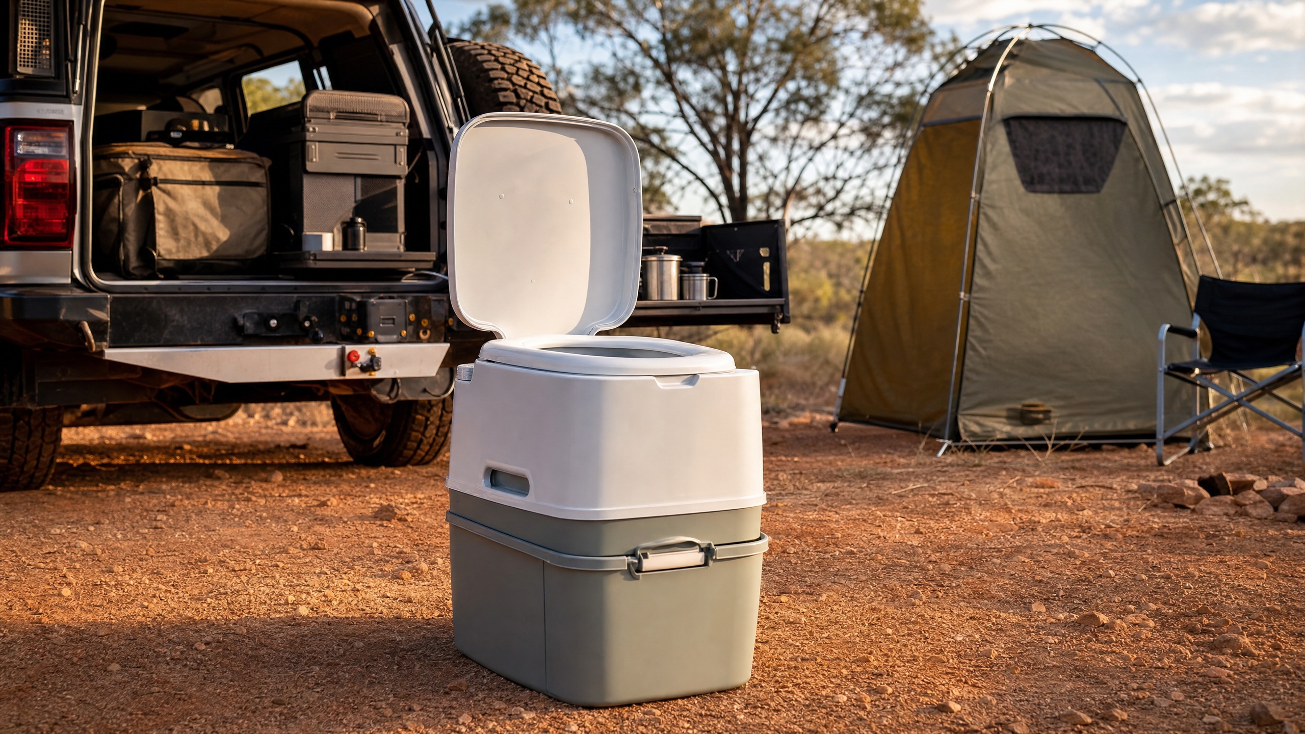 Portable camping toilet set up at a 4x4 touring campsite in