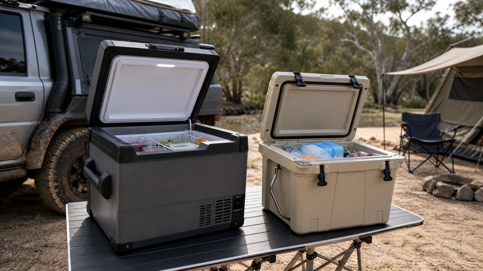 Portable camping fridge and cooler esky side by side outdoors
