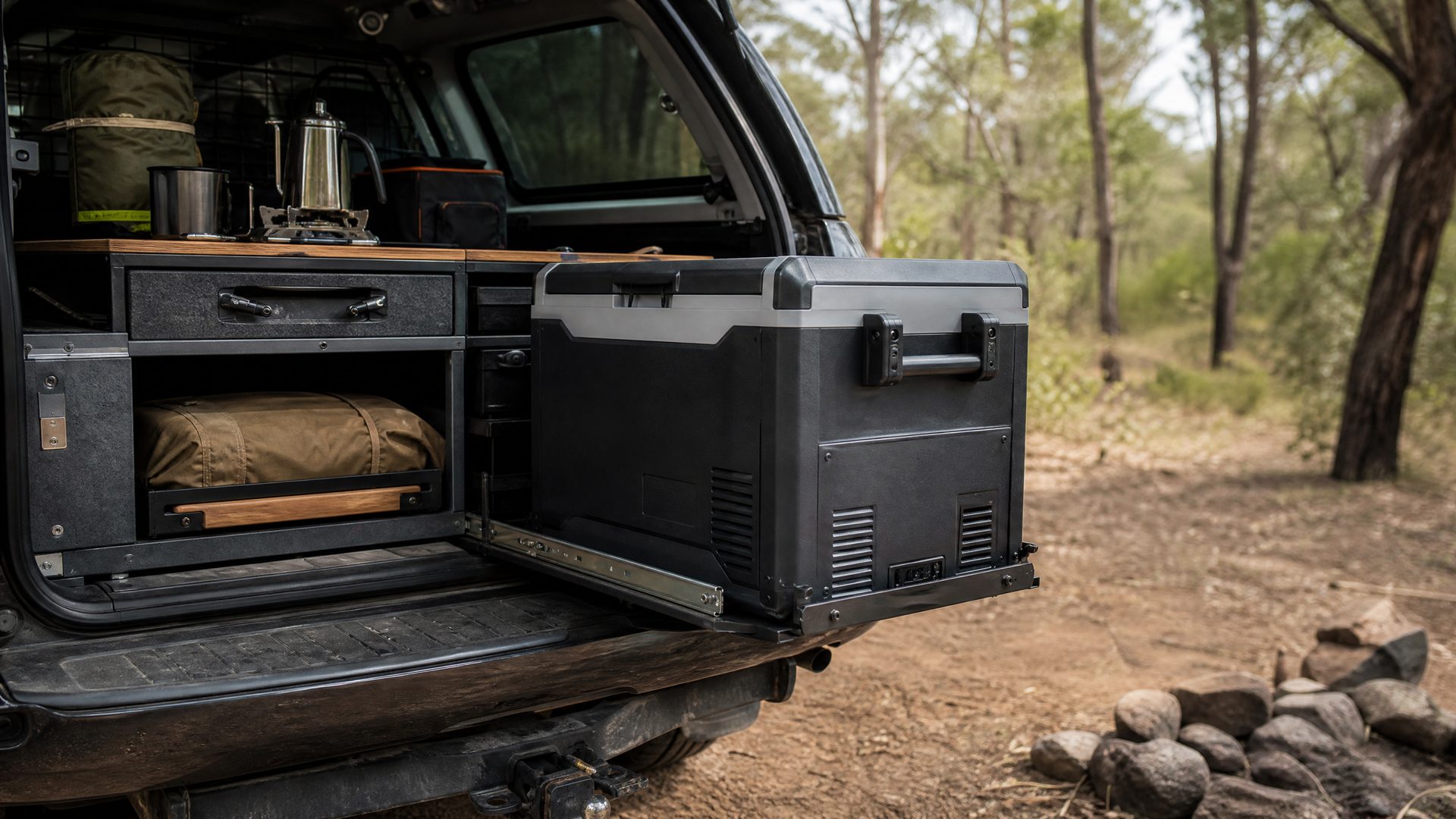 Portable 12V camping fridge freezer at outdoor campsite