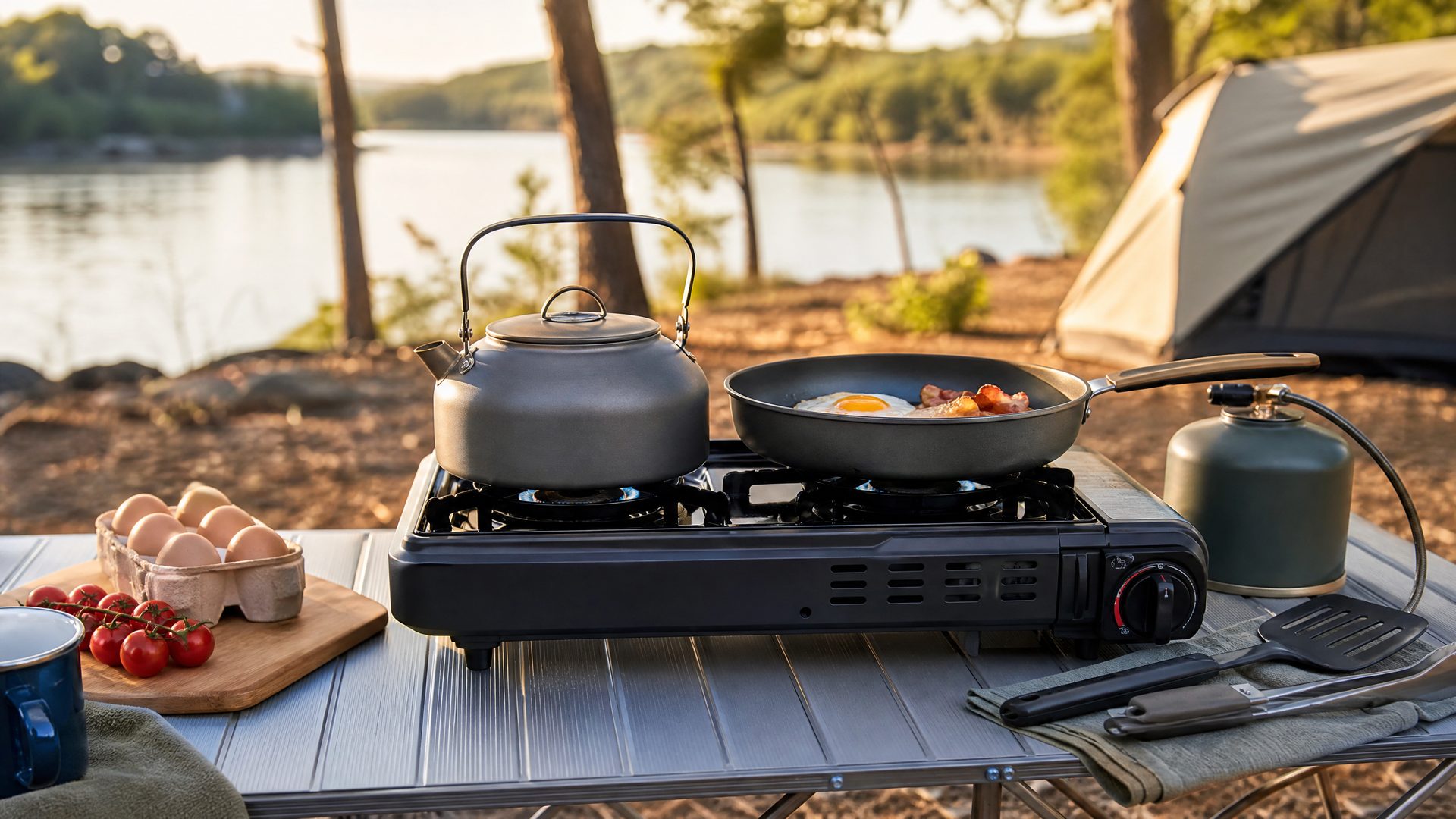 Portable gas stove cooking setup at a campsite