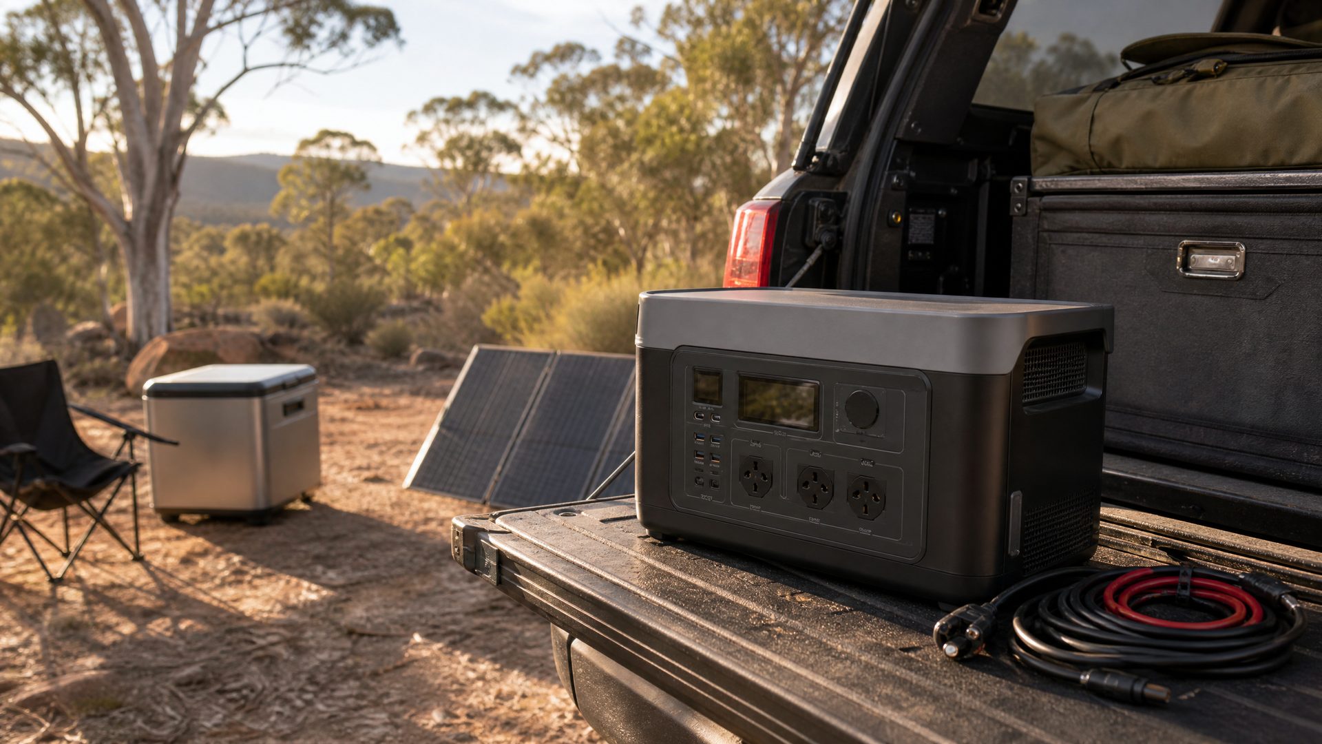 Portable power station on a four wheel drive tailgate with solar panel,cables and camping fridge at a campsite