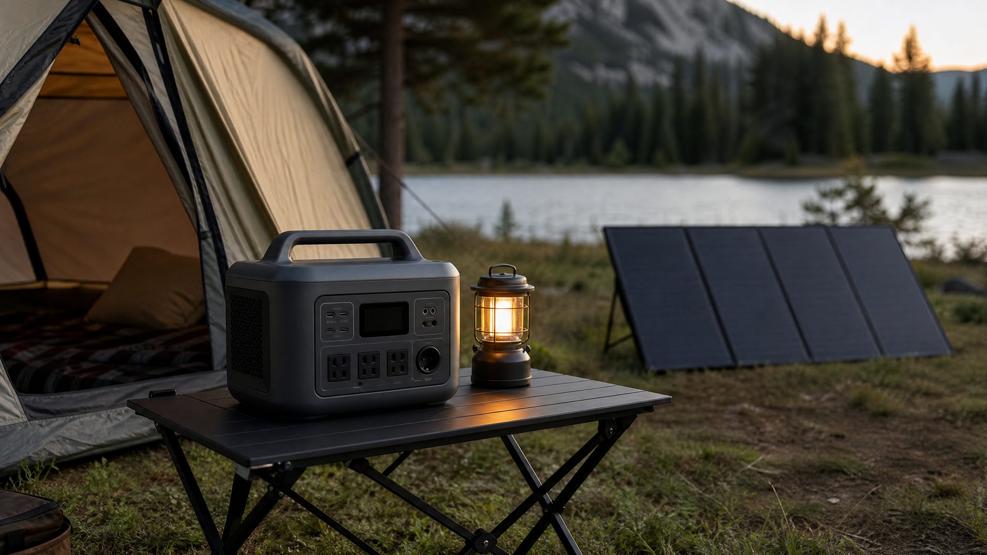 Portable camping power station beside a lantern and folded solar panel at camp