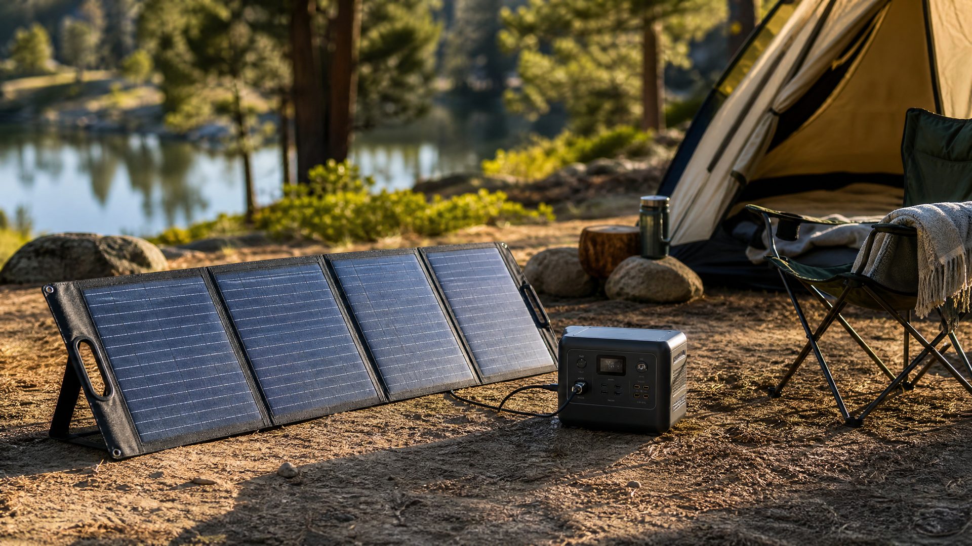 Portable solar panels charging camping power station outdoors