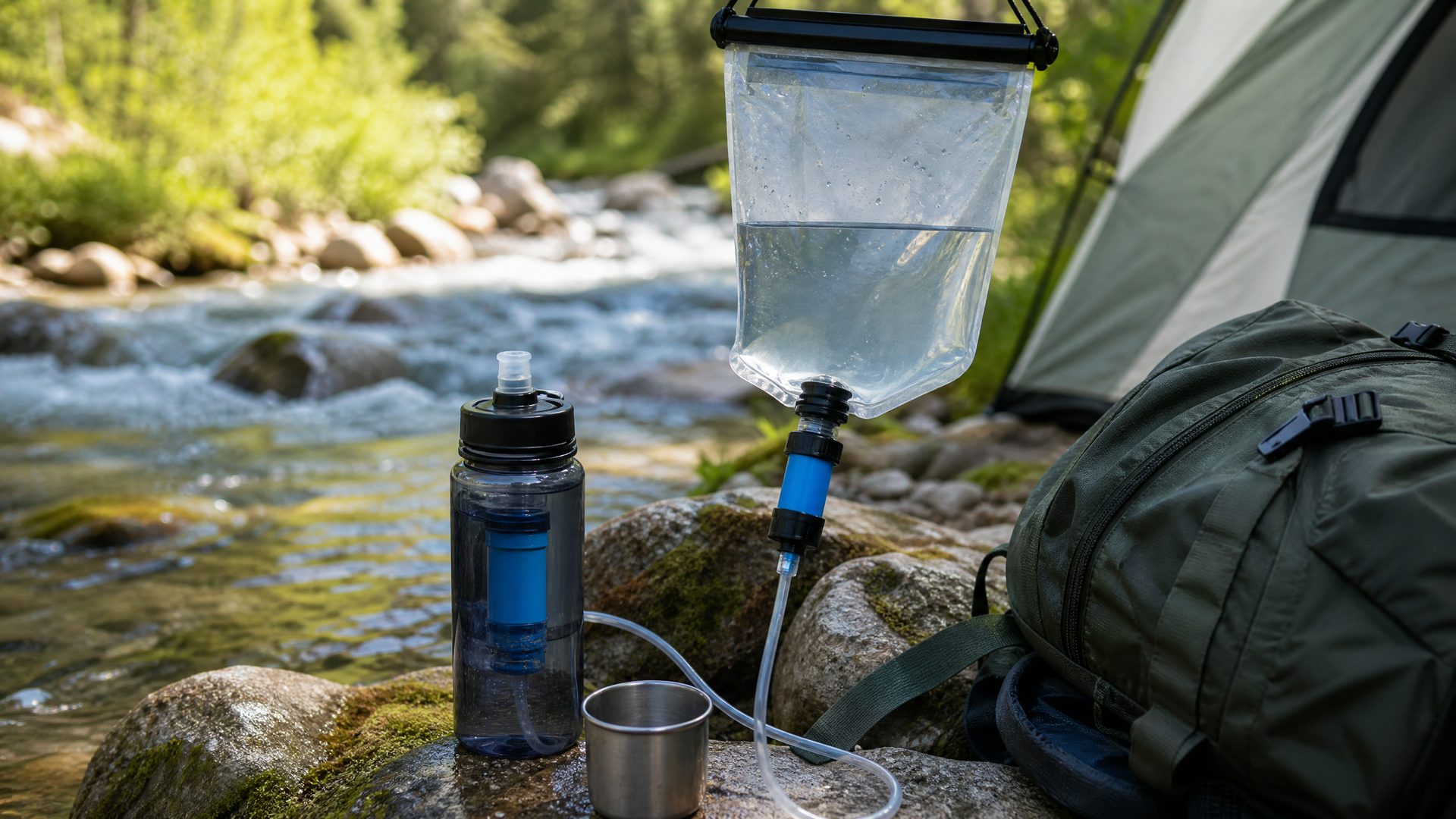 Portable camping water filter beside clear outdoor stream