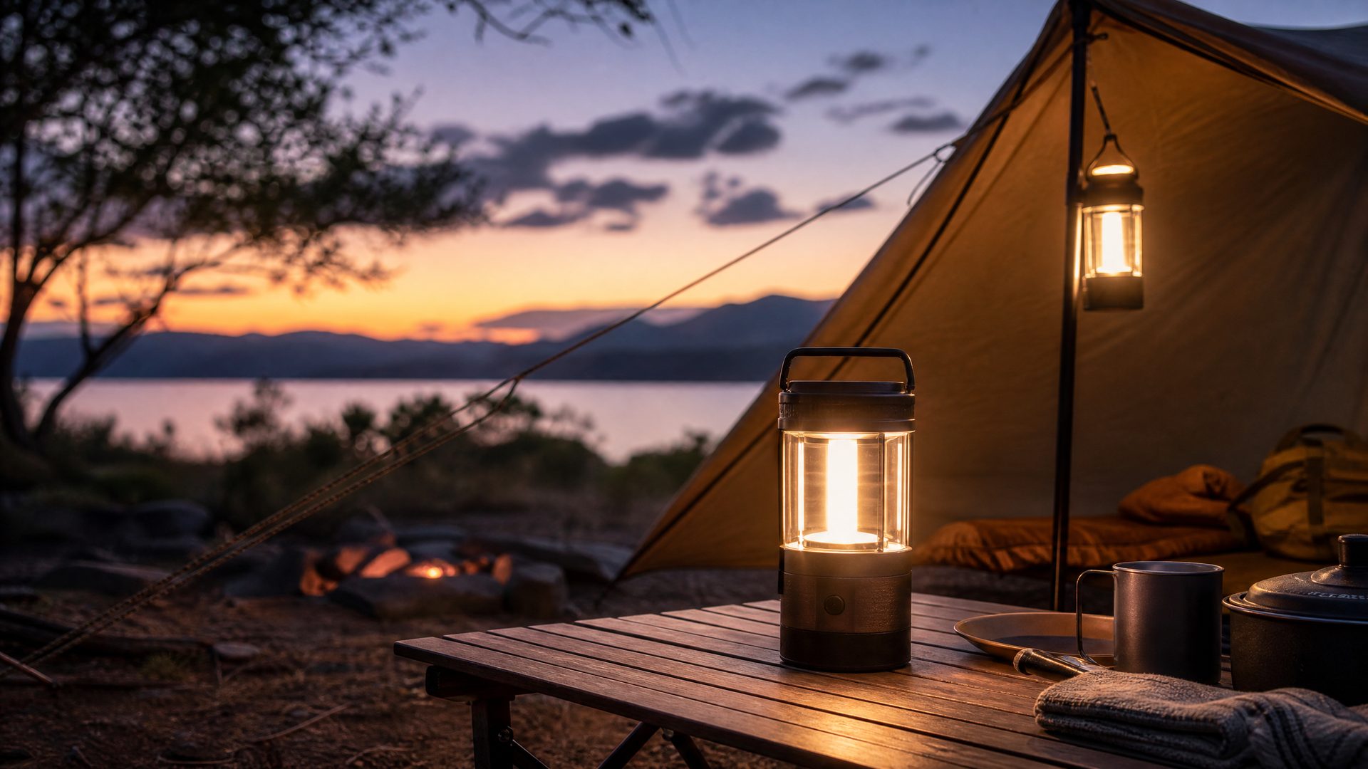 Rechargeable camping lanterns lighting an off-grid campsite