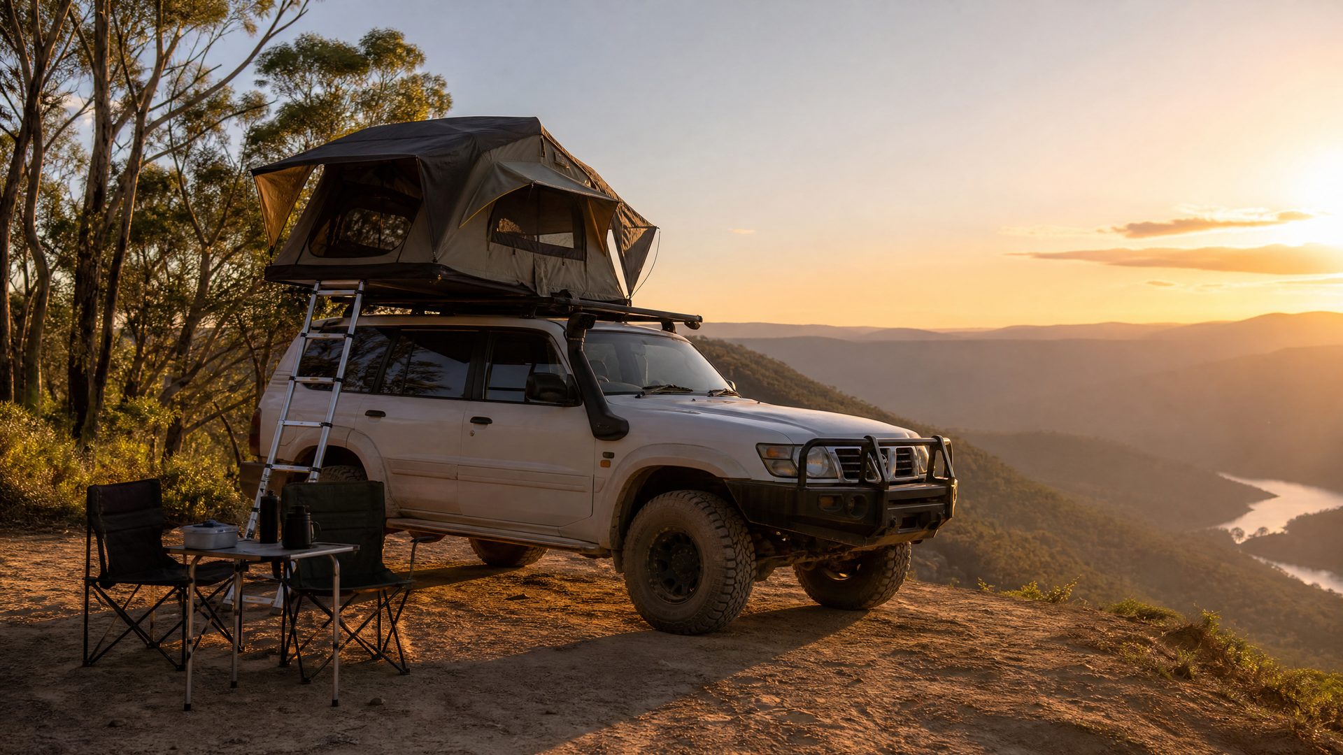 Rooftop tent overlanding campsite setup on 4WD