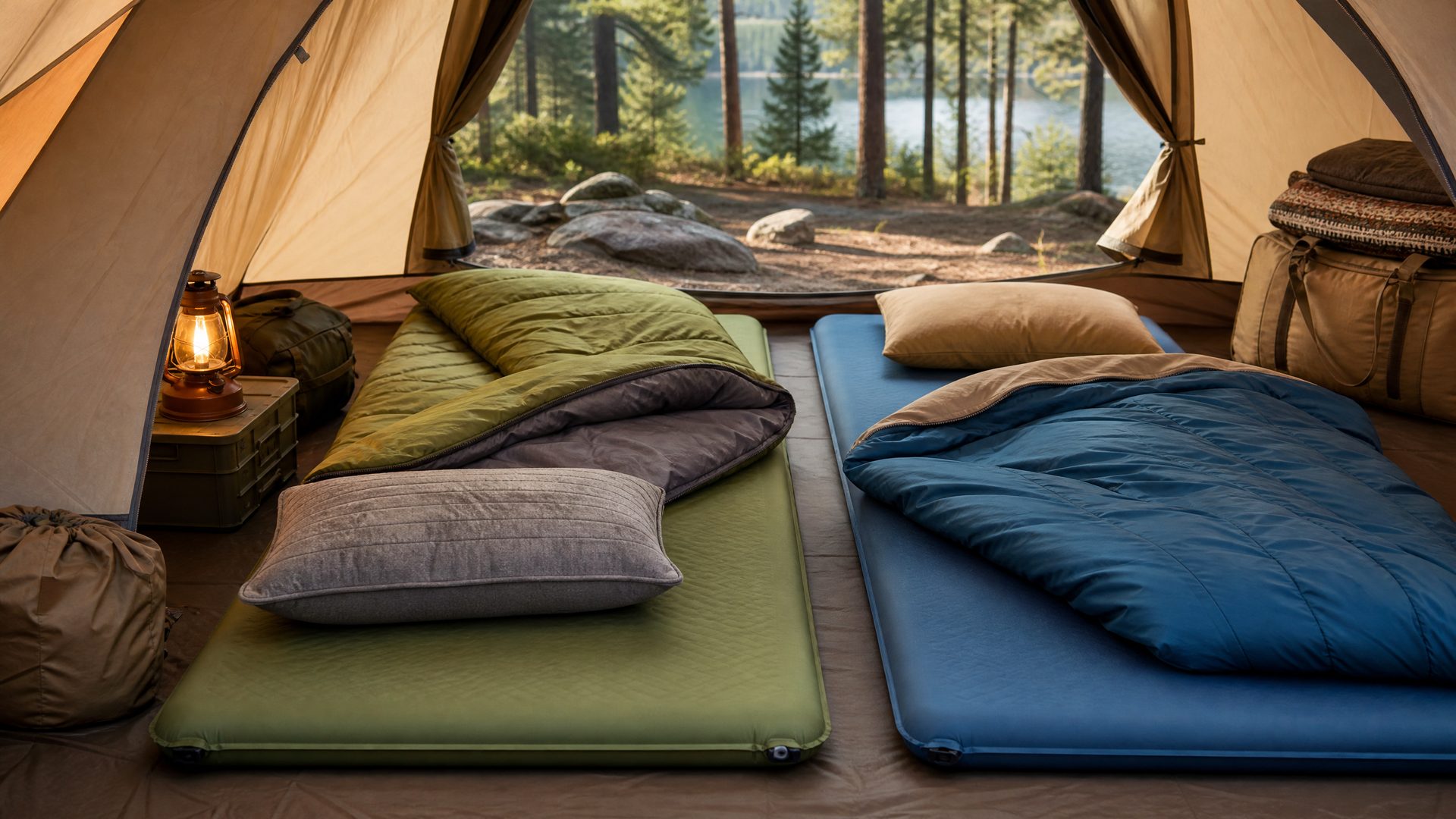 Self-inflating sleeping mats arranged inside a camping tent