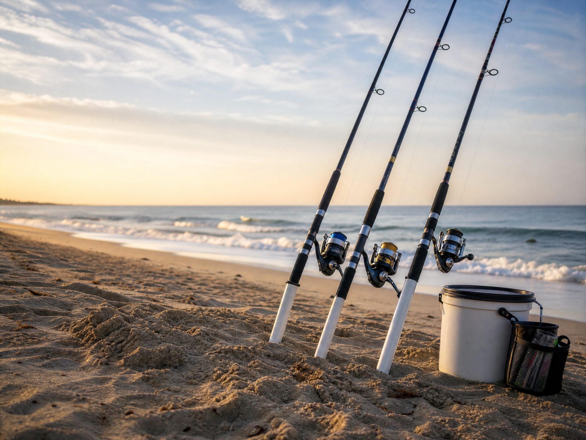 Surf fishing rod combos set in sand on a quiet beach near breaking waves