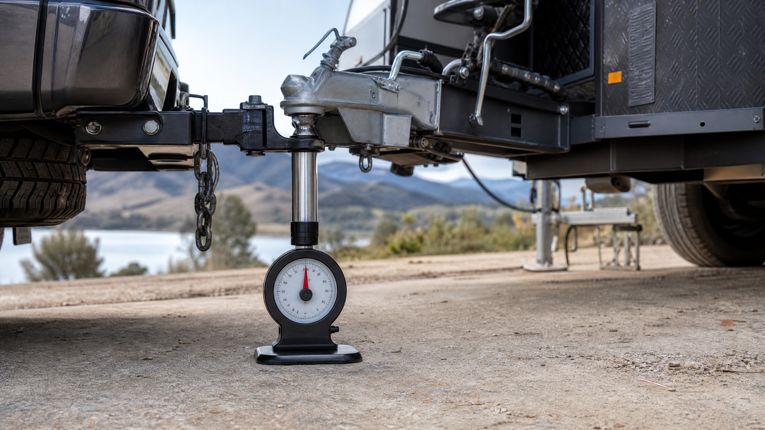 Tow ball weight scale measuring a caravan hitch load beside a 4x4 touring vehicle.
