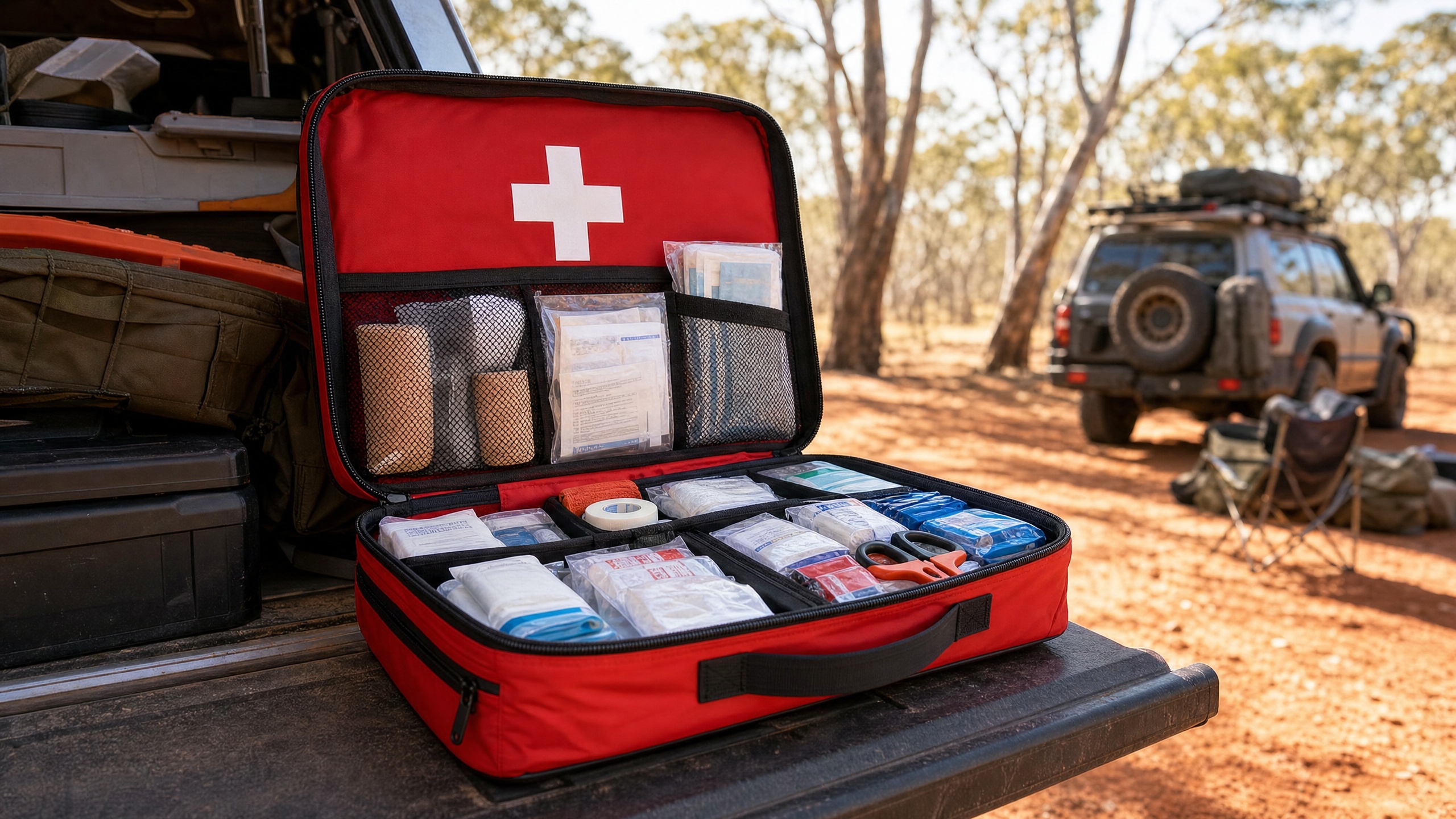 Open red travel first aid kit with organised medical supplies on a 4x4 tailgate at a campsite.