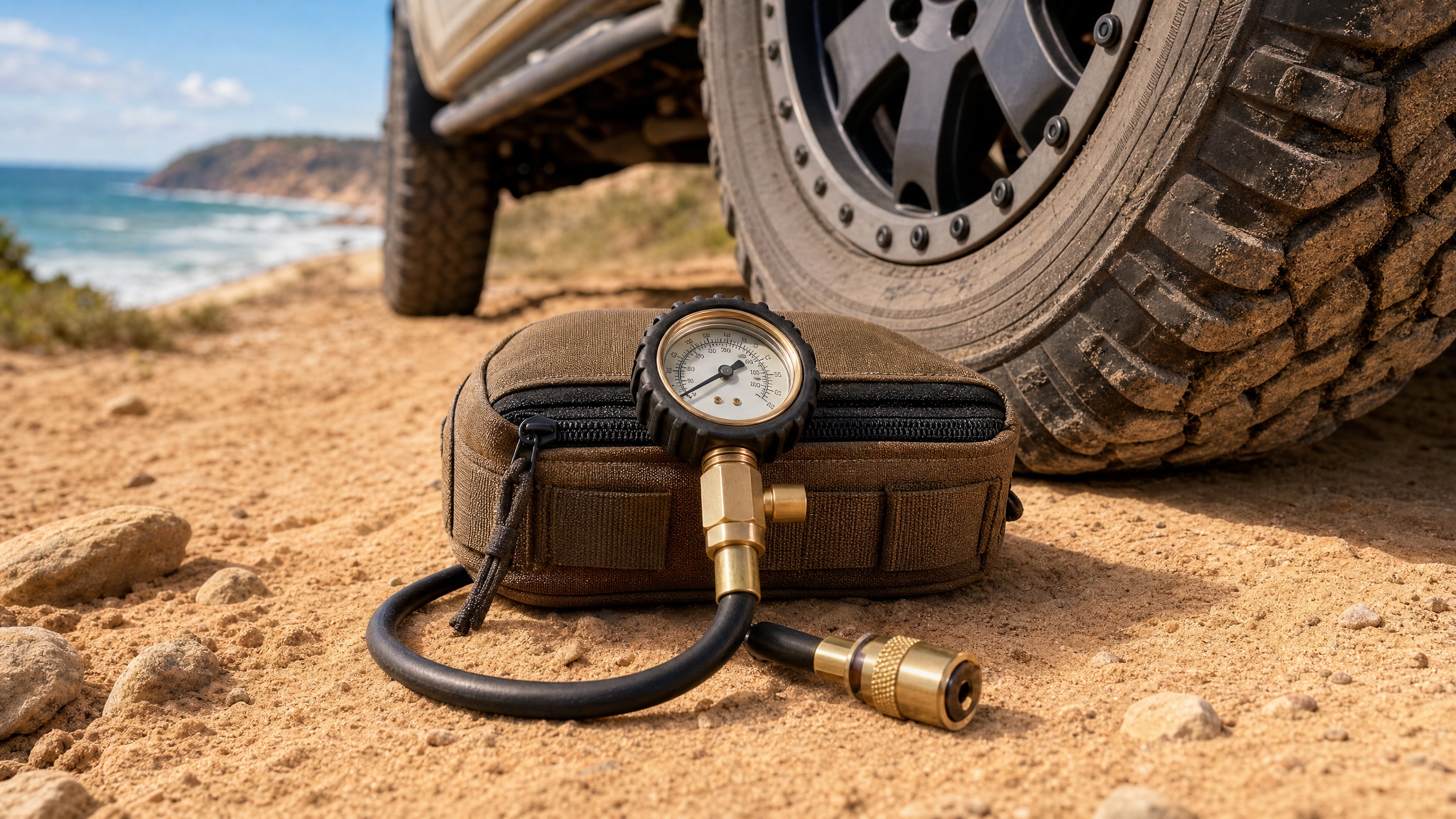 Tyre deflator kit with pressure gauge and hose beside a 4x4 wheel on a sandy touring track.