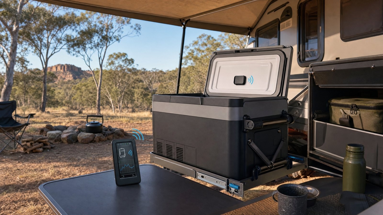 Wireless fridge thermometer display monitoring a 12V camping fridge in a touring setup