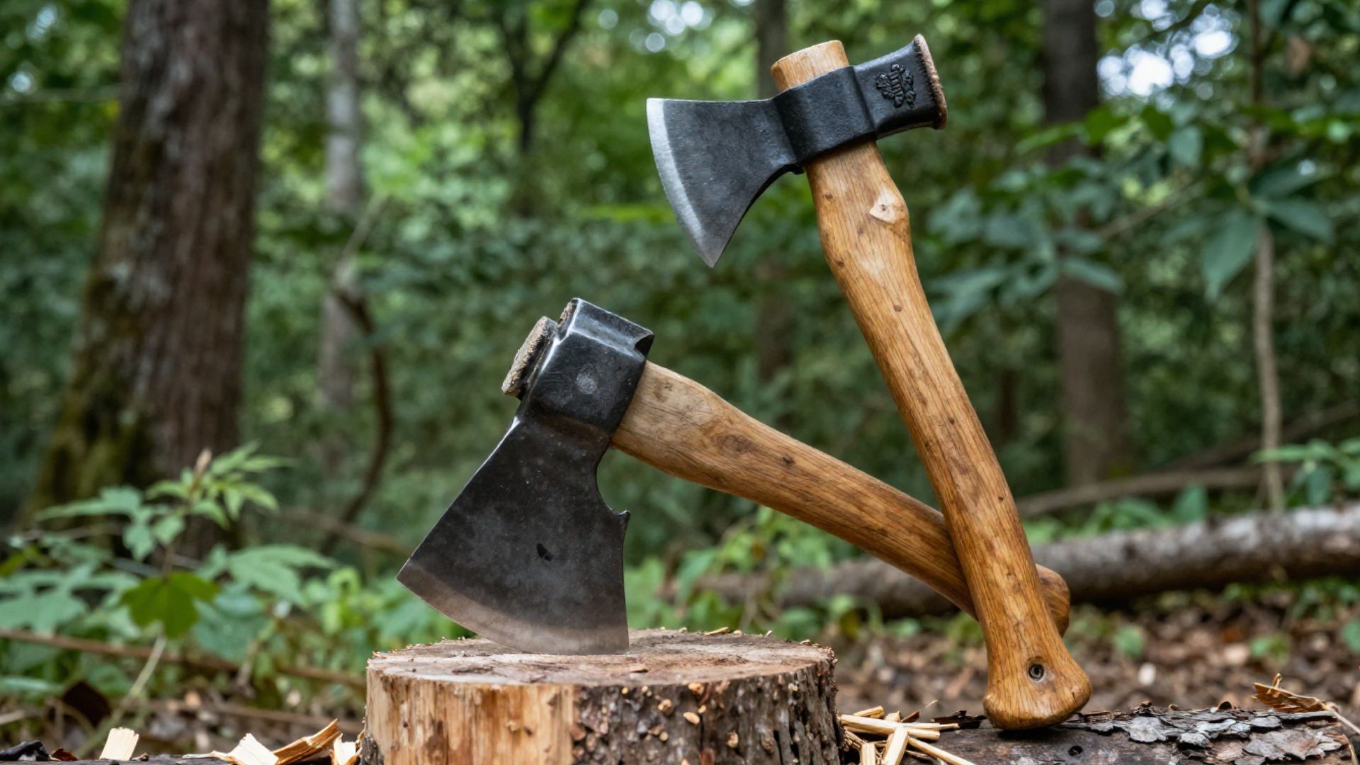 A hatchet and a folding saw on a chopping block beside split firewood at a campsite.