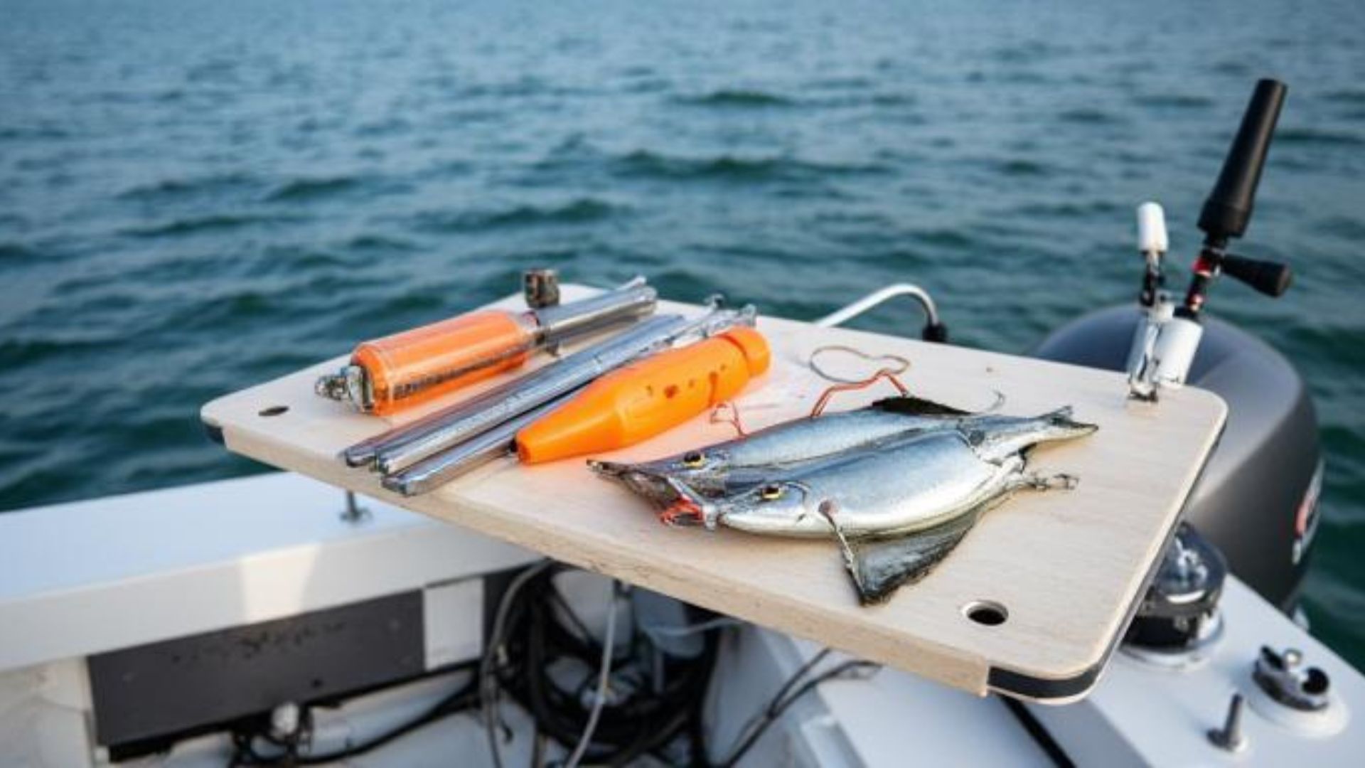 A bait board on a boat transom with fresh bait, a knife and injector laid out, open water behind.