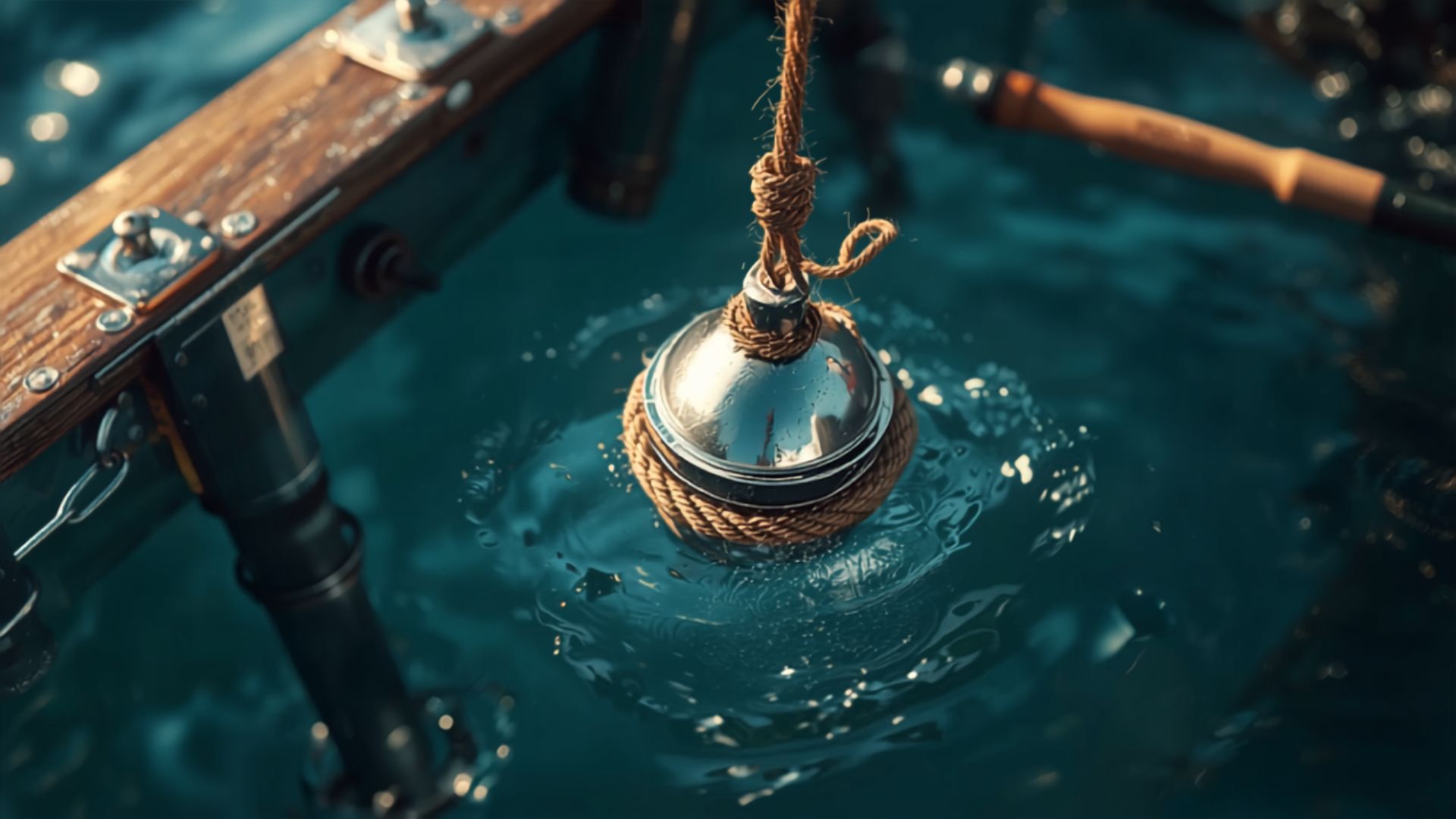 A weighted berley pot lowered on a rope over the side of a boat into open water.