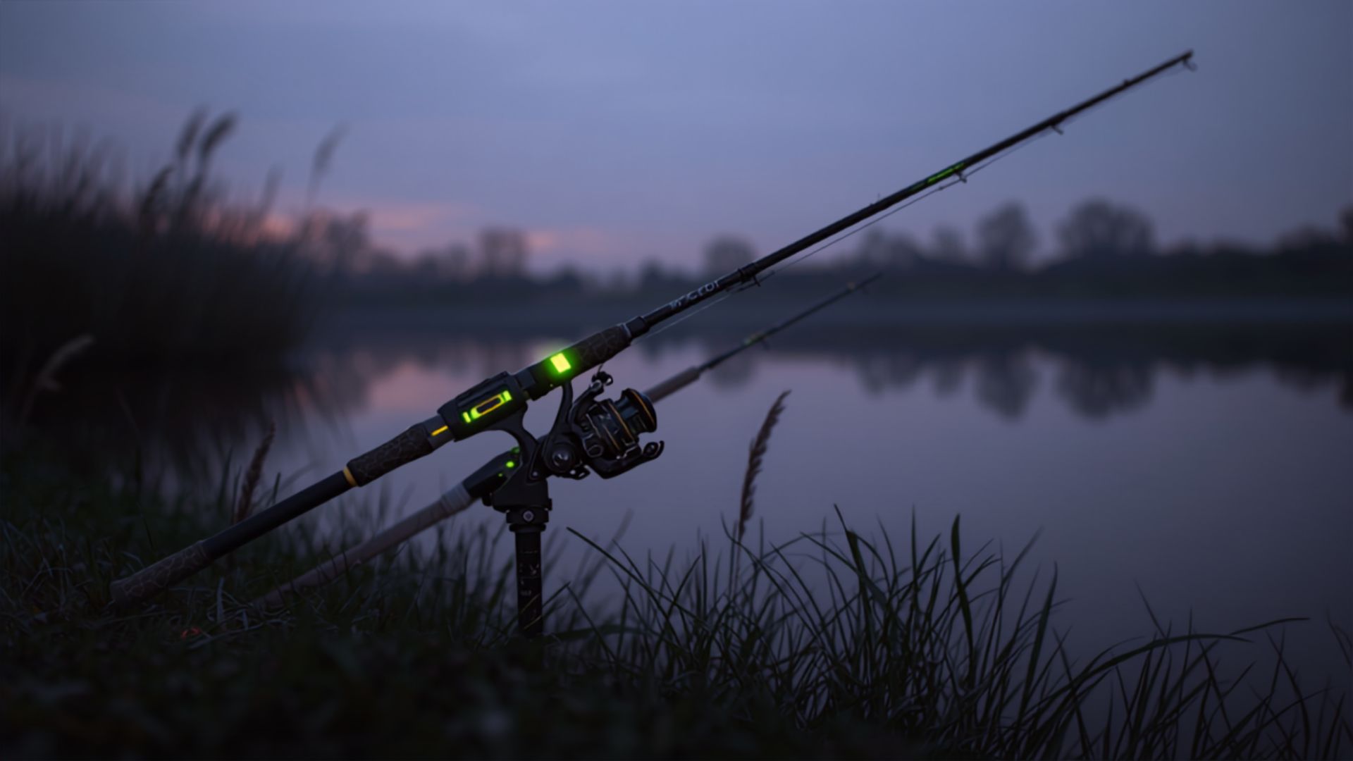 Two fishing rods set on a rod pod at dusk with bite alarms glowing on the rod rests.