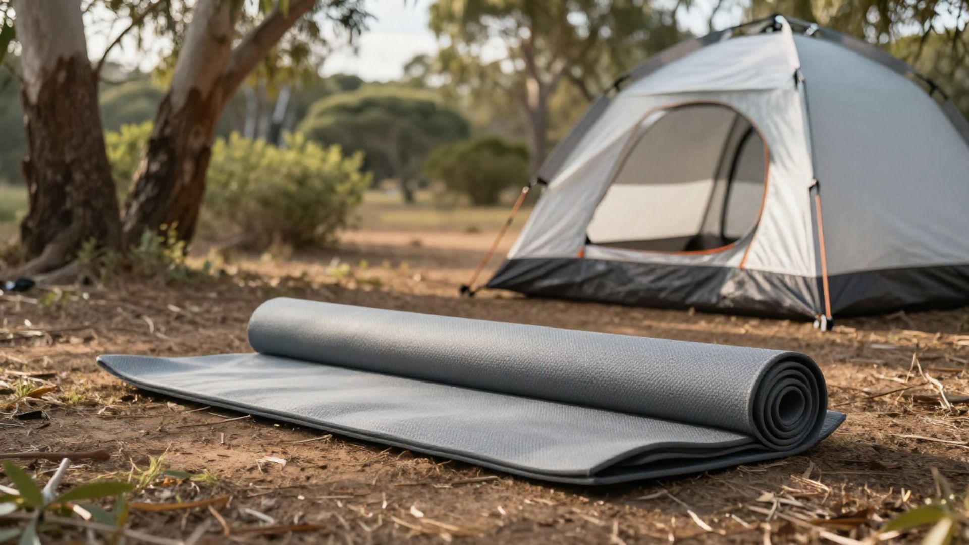 A woven outdoor camping mat laid under an awning with chairs and a table on it.