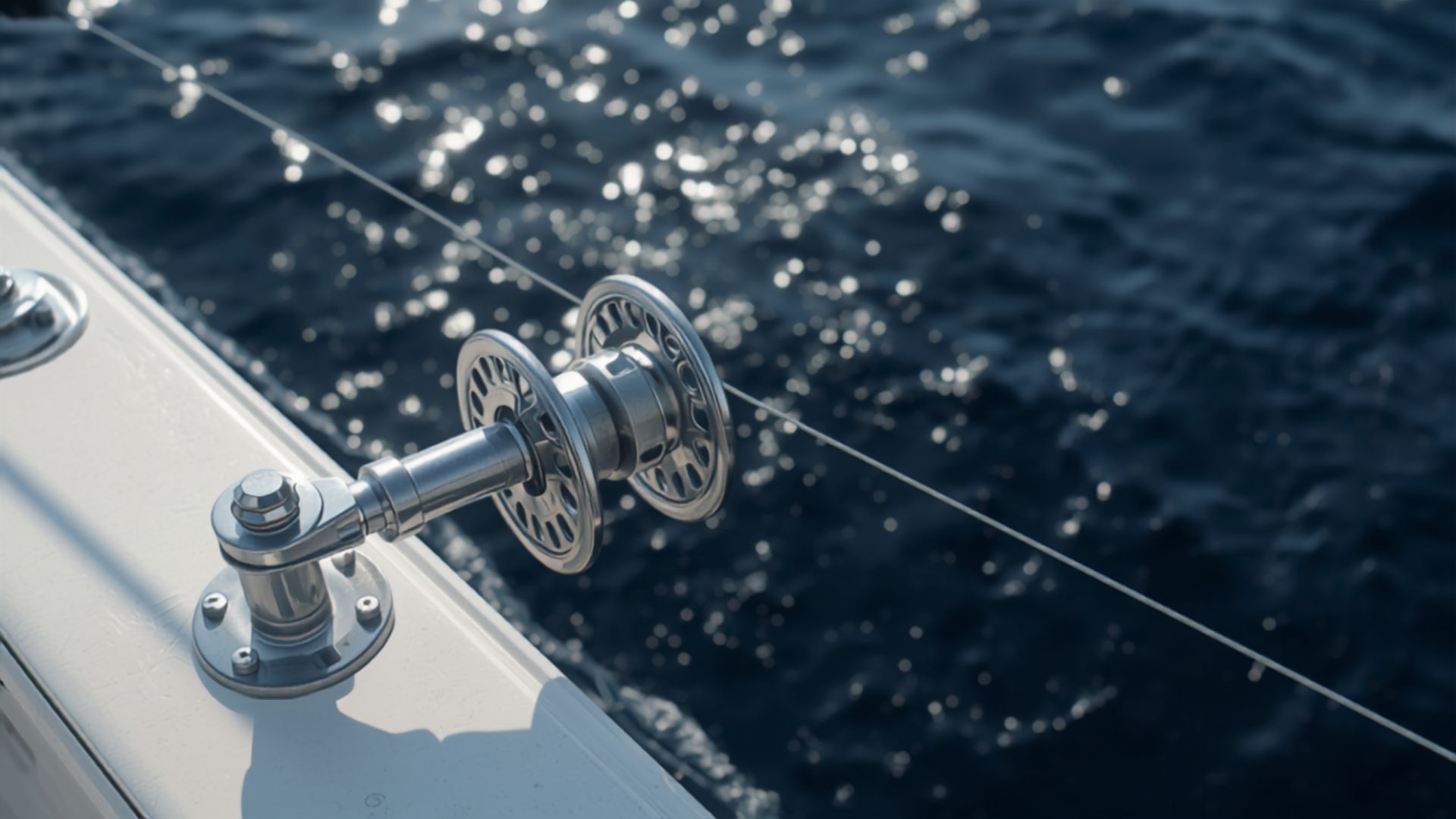 A downrigger mounted on a boat gunwale with cable and cannonball weight deployed over the side.