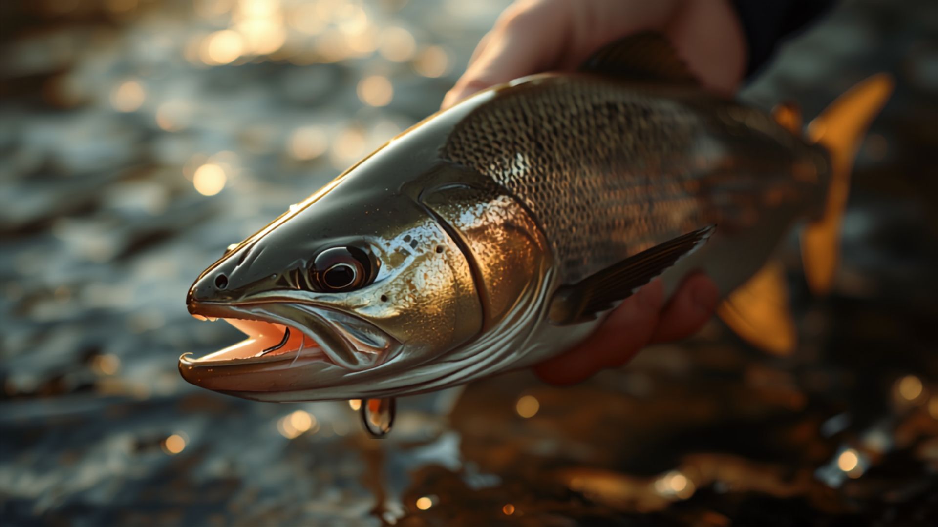 A fish held securely with a lip gripper at the water's edge while the hook is removed.
