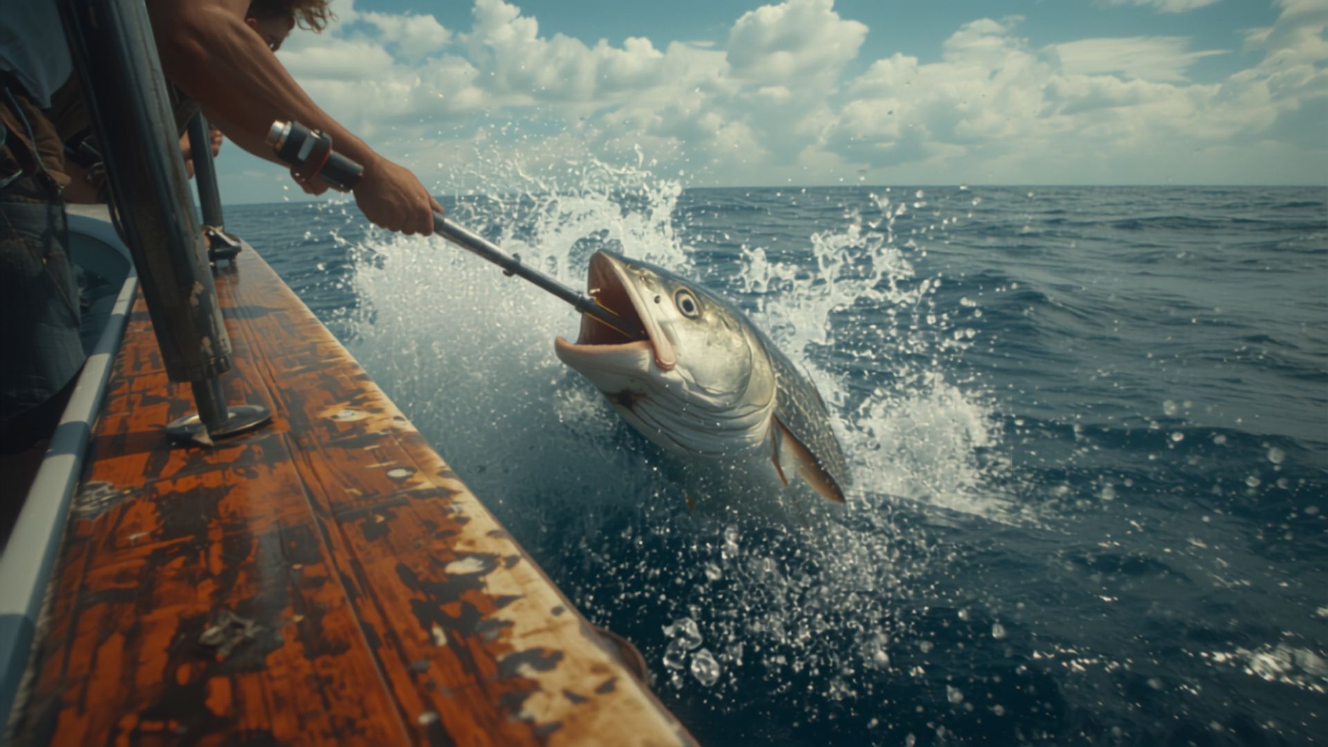 An angler reaching down with a fishing gaff to land a large fish at the side of a boat.