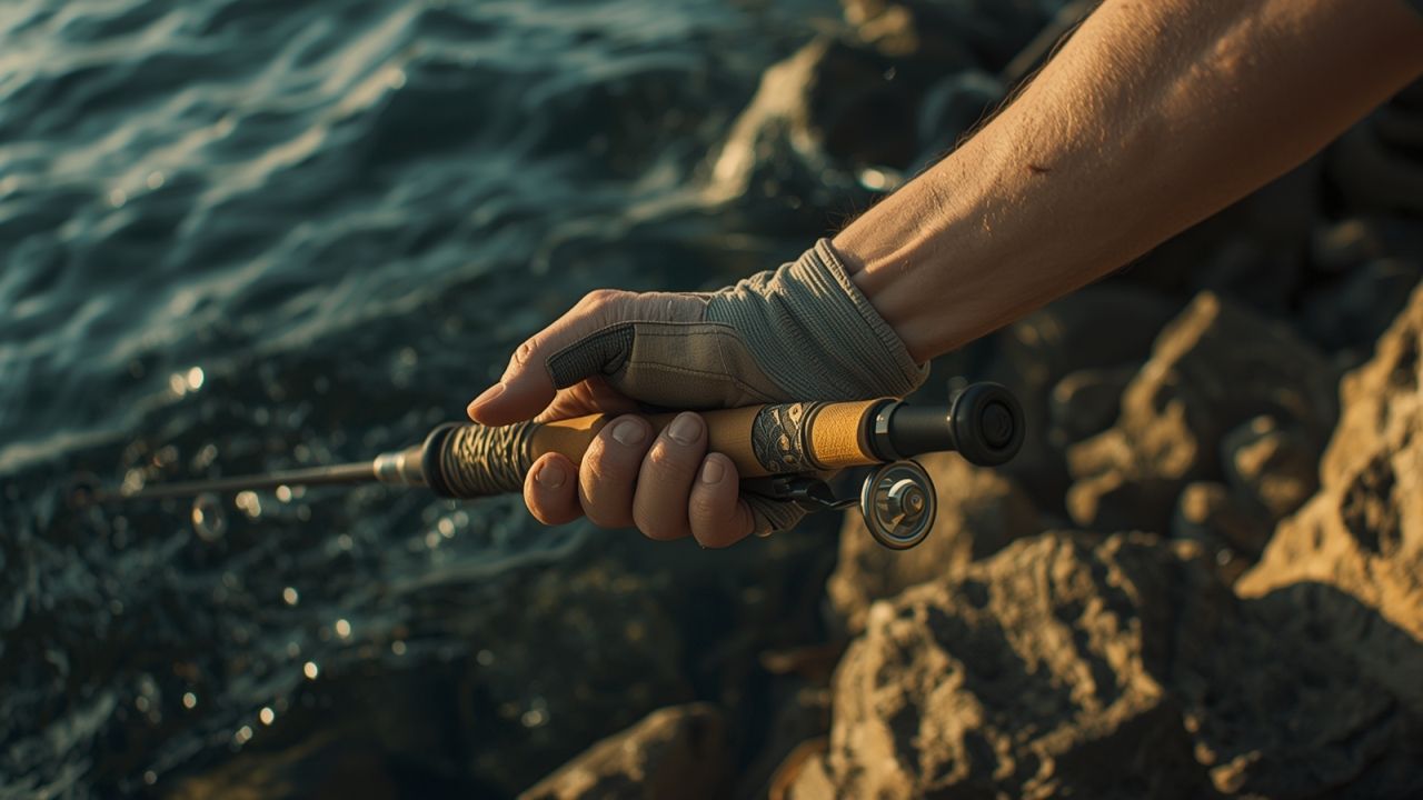 An angler's gloved hands gripping a fish at the side of a boat under bright sun.