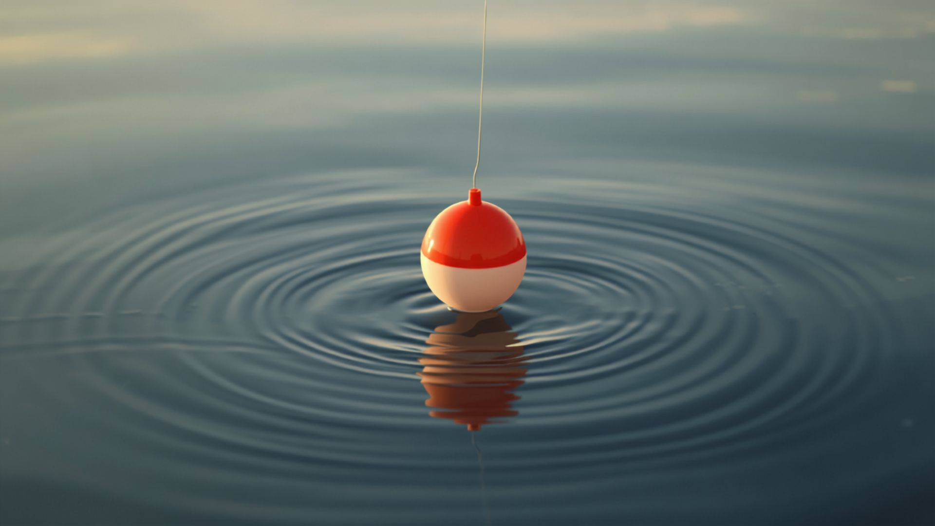 A bright fishing float sitting upright on calm water with ripples around it.