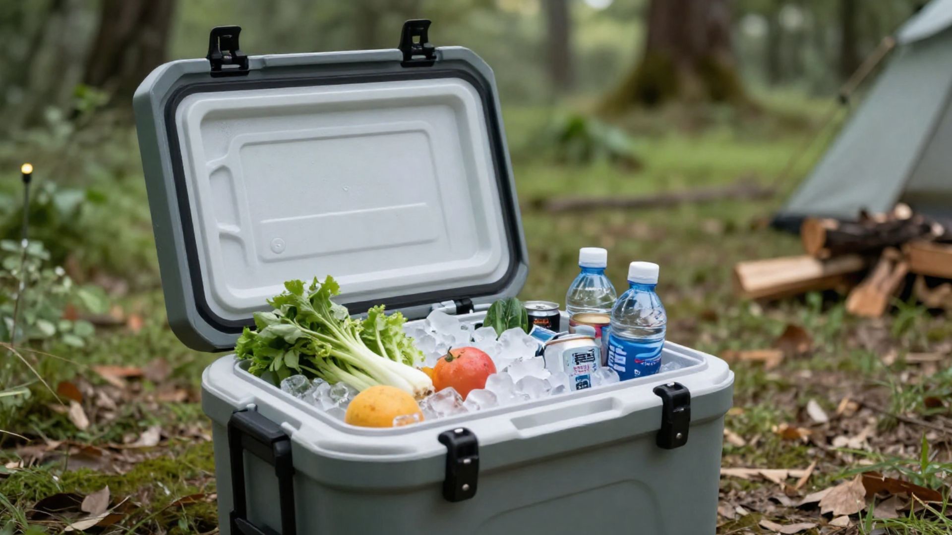 An open cooler packed with food and drinks alongside several frozen ice bricks at a campsite.