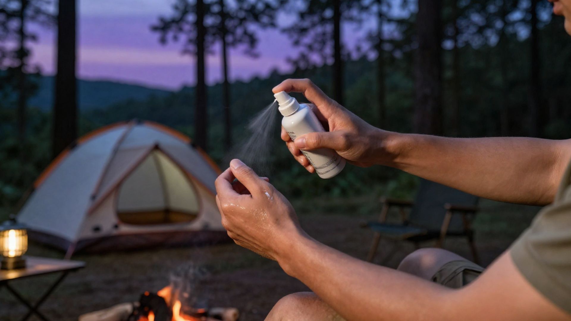 A campsite at dusk with a mosquito repellent device on a camp table and people relaxing nearby.