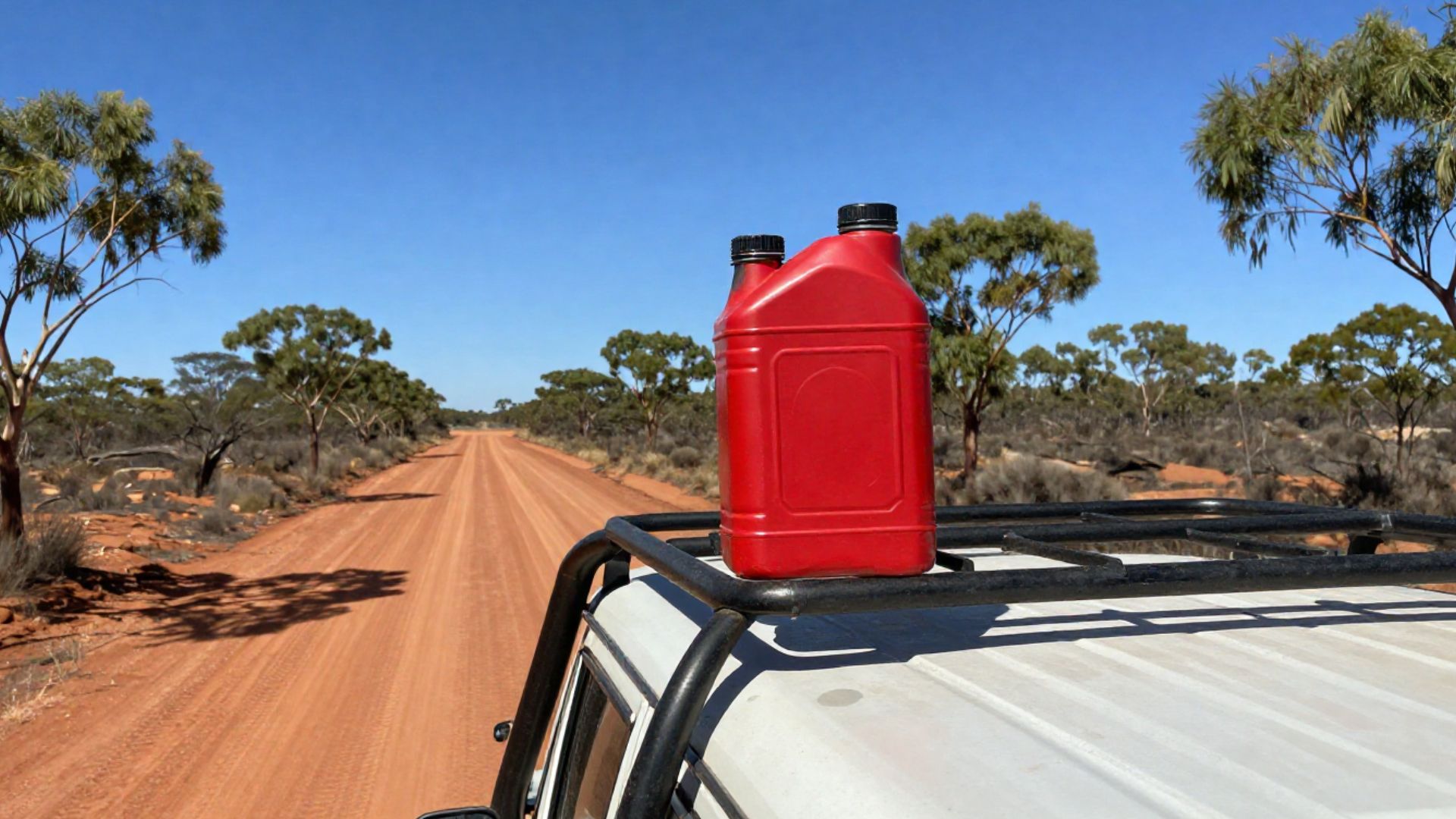 Two jerry cans mounted on the rear bar of a 4WD on a remote outback track.