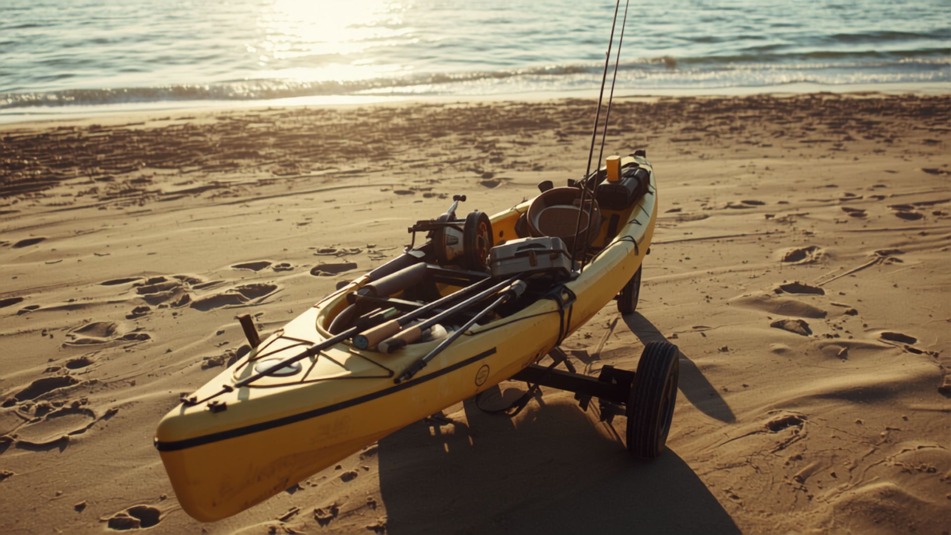A loaded fishing kayak on a cart being wheeled down a track toward the water.