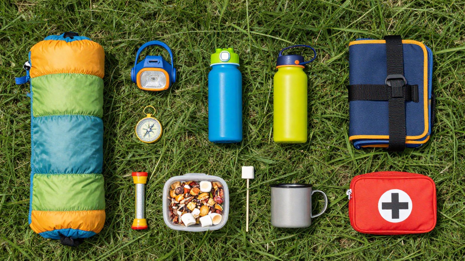 A kids' sleeping bag, a small headlamp, a child-sized camp chair and a little backpack on grass.