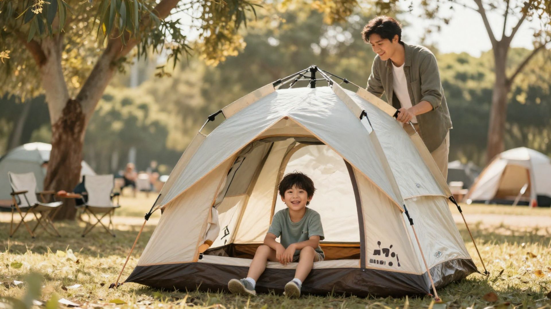 A child in a colourful sleeping bag peeking out of a tent at a family campsite.