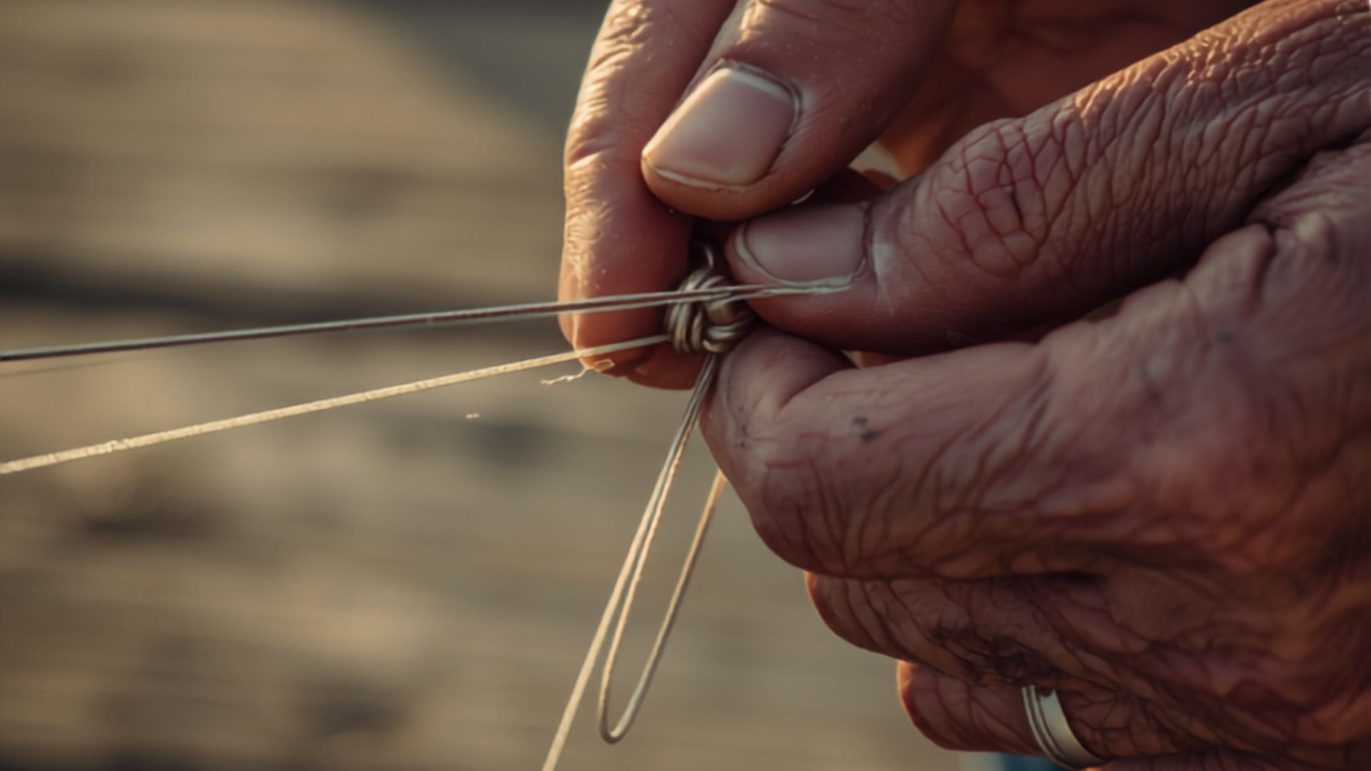 A fishing knot tying tool threading line onto a hook at the water's edge.