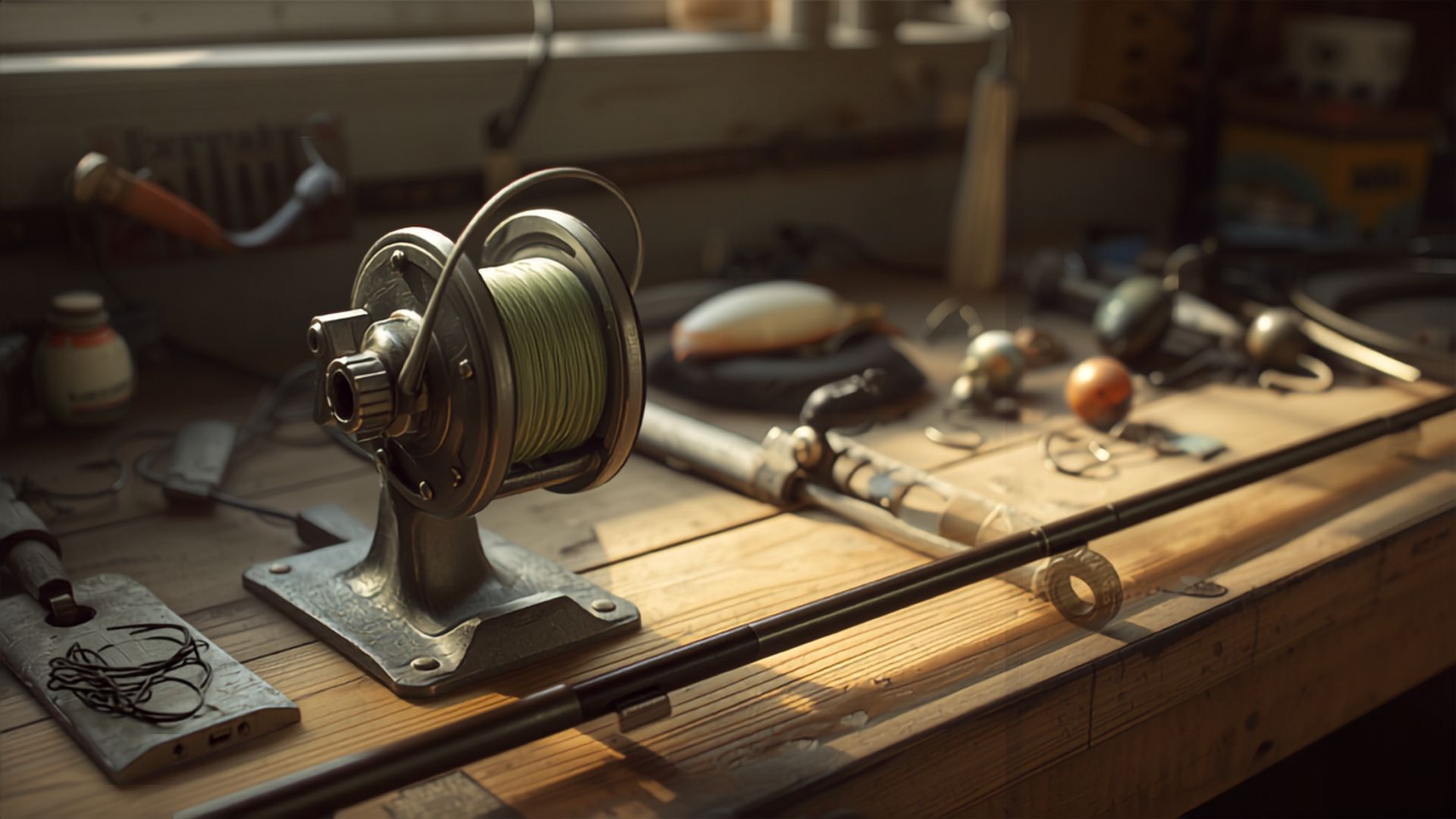 A line spooling station clamped to a workbench feeding fresh line onto a reel.