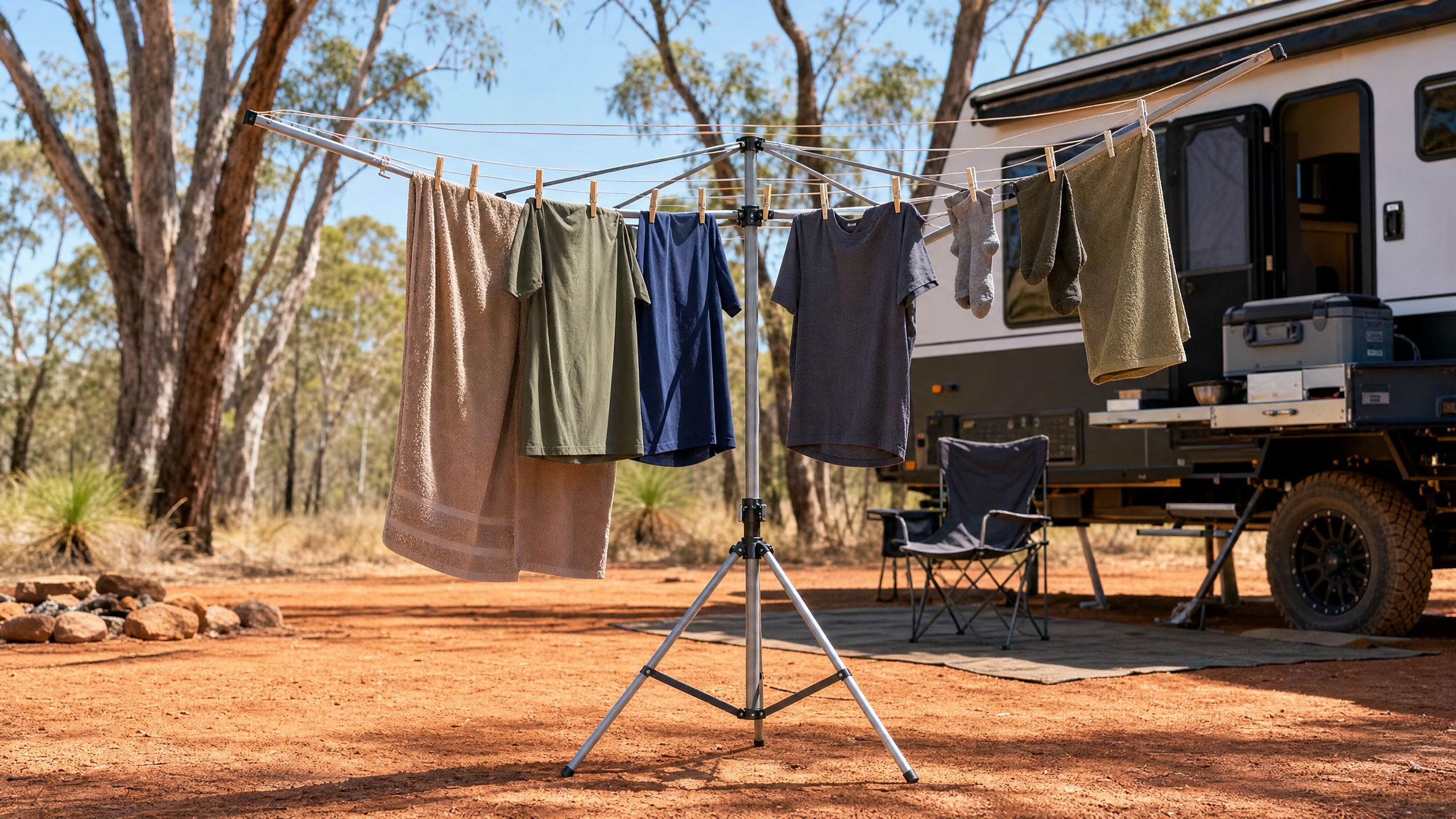 Portable freestanding camping clothesline with towels and clothes beside an off-road caravan