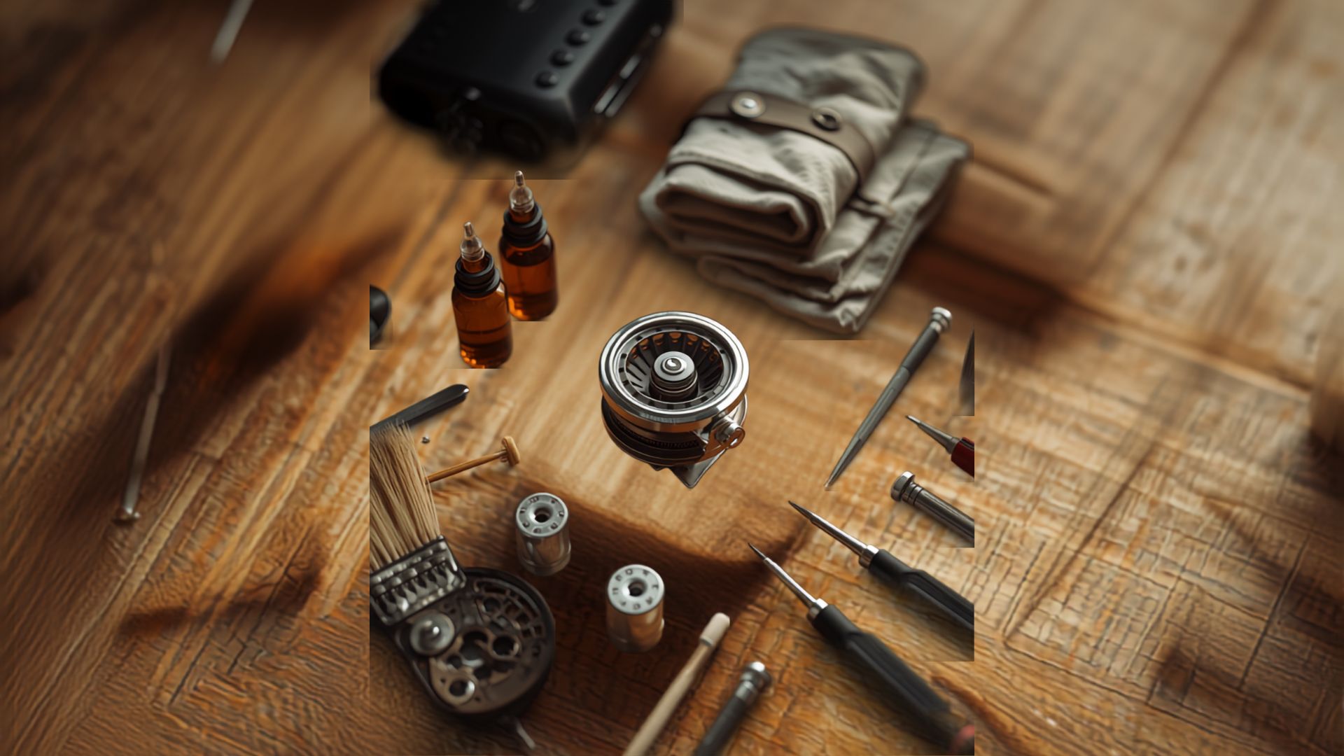 A spinning reel partly disassembled on a workbench with reel oil, grease and small tools around it.
