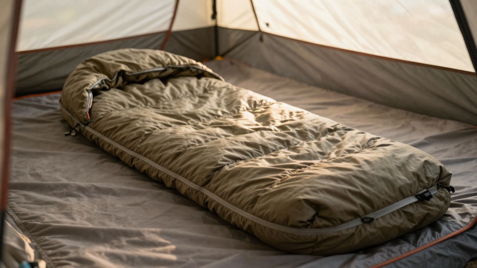 A sleeping bag liner laid half inside an open sleeping bag in a tent with morning light.
