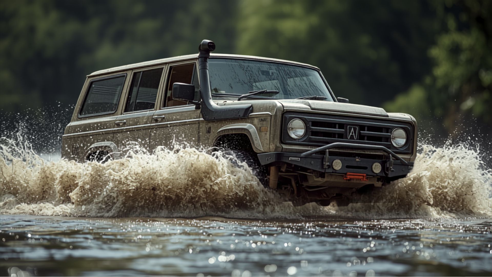 A 4WD fitted with a snorkel crossing a river with water up to the doors.