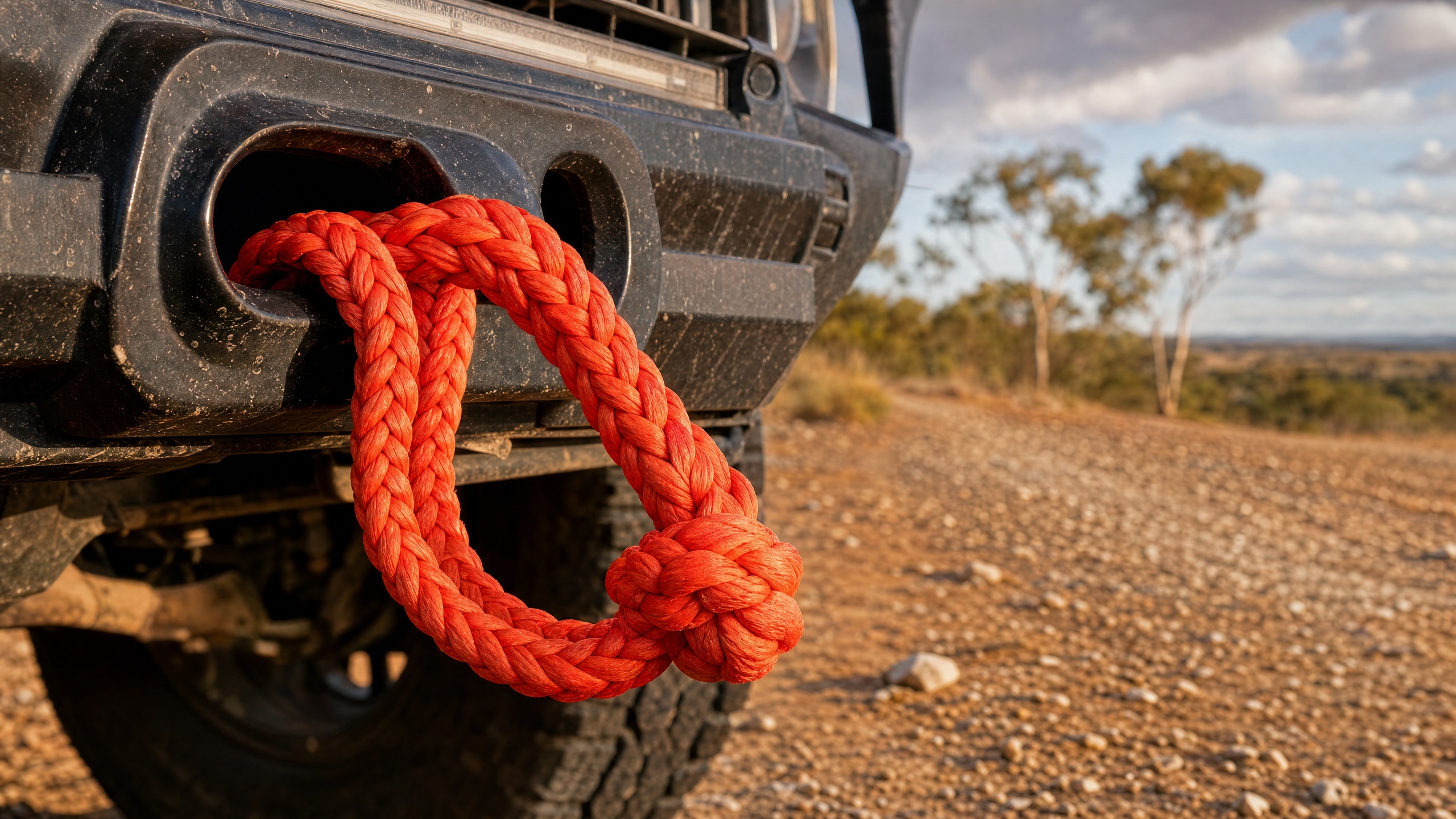 Bright orange synthetic soft shackle attached to a 4x4 recovery point on a dusty track.