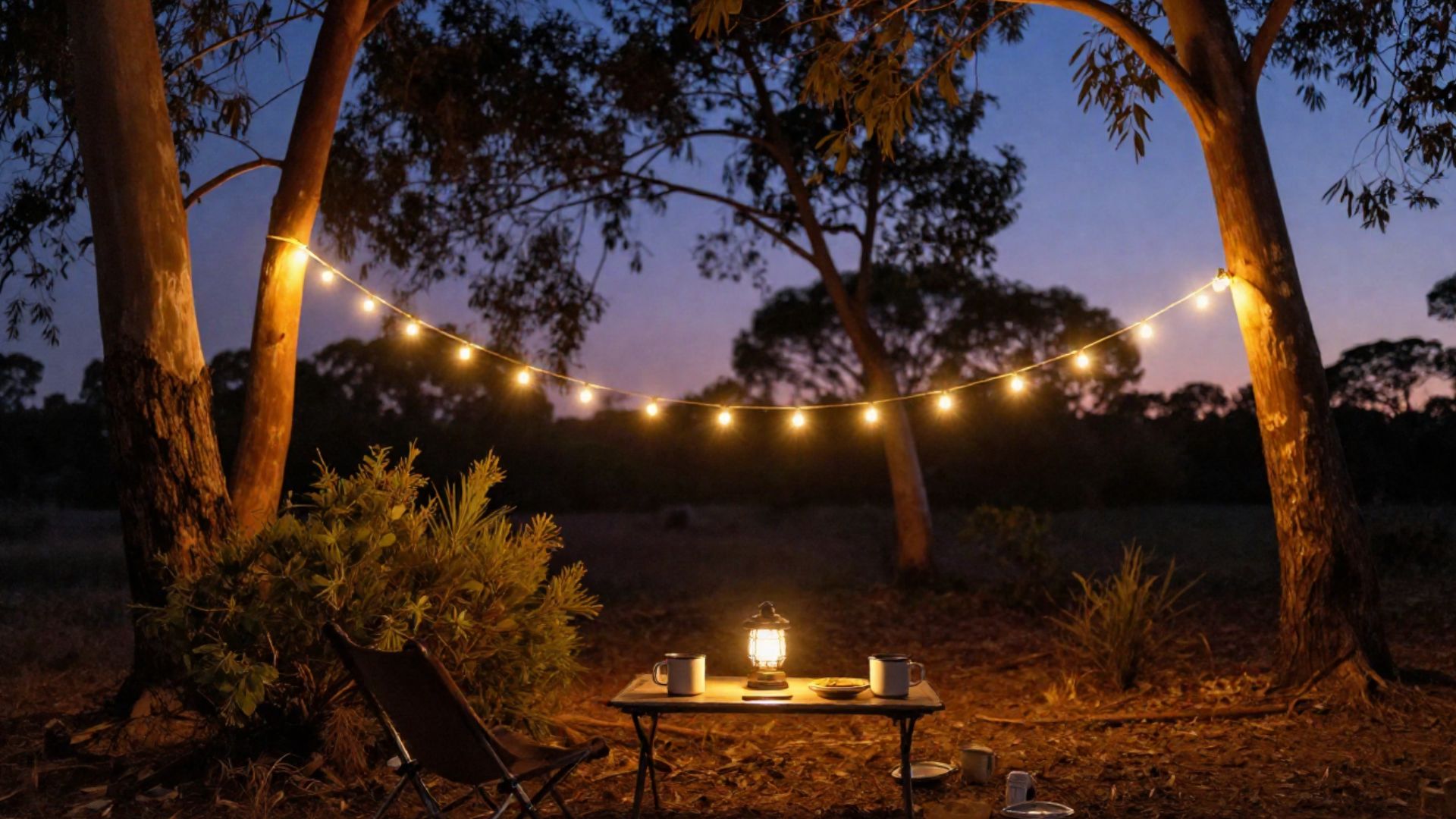 Warm string lights strung along a camp awning at dusk glowing over a table and chairs.