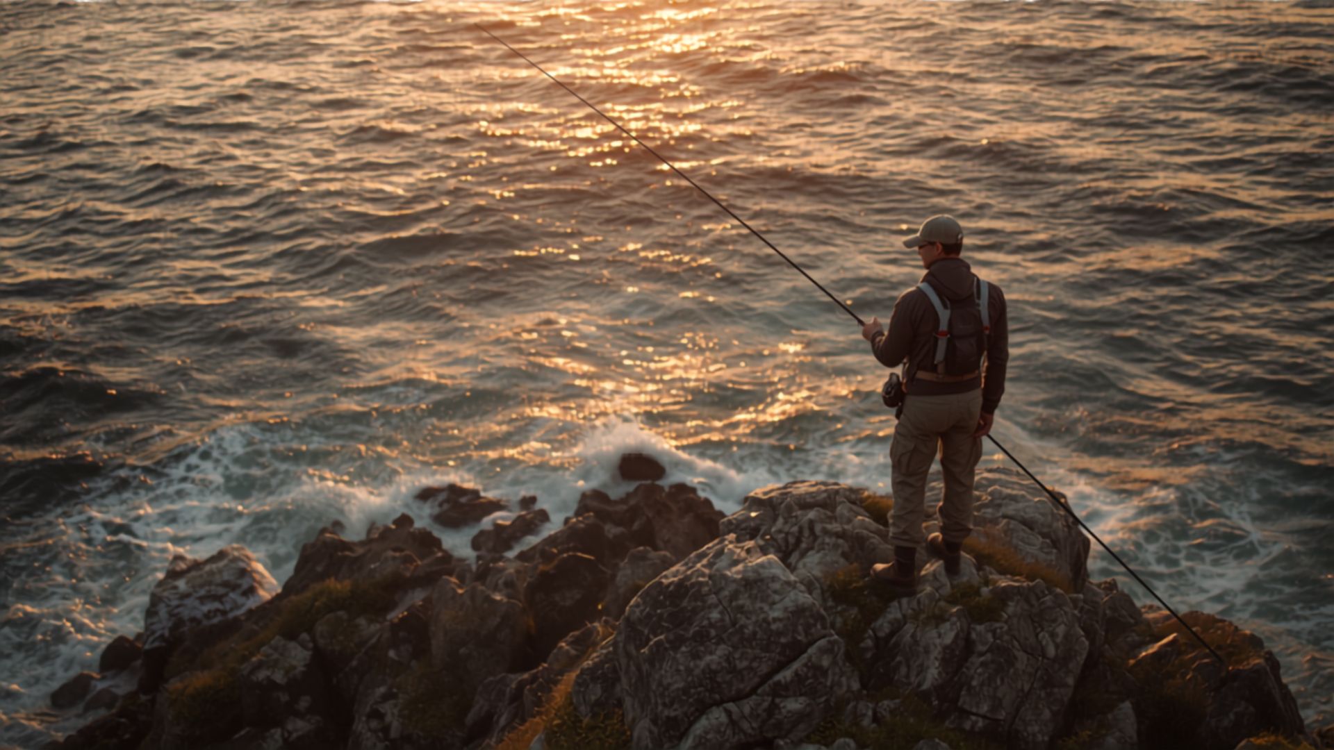 A collapsed telescopic fishing rod beside a backpack with an extended rod rigged and ready.